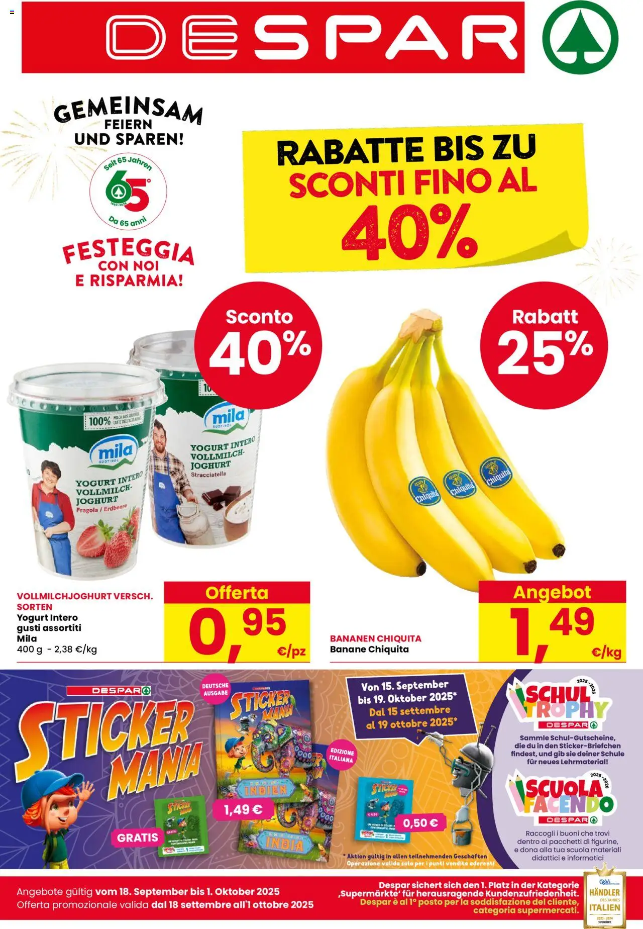 Volantino Despar valido da 18/09/2025 numero di pagina 1 - Latte, Yogurt, Stracciatella, Banane