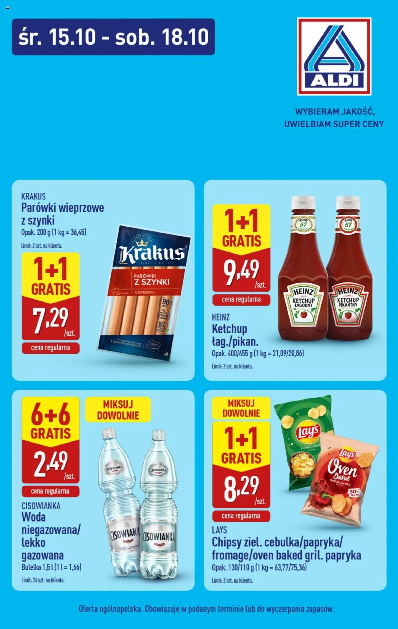 Pogląd gazetki "Od środy" ze sklepu Aldi ważnej od 15.10.2025 - Woda, Lays, Chipsy, Papryka, Ketchup, Cisowianka, Parówki, Parówki wieprzowe