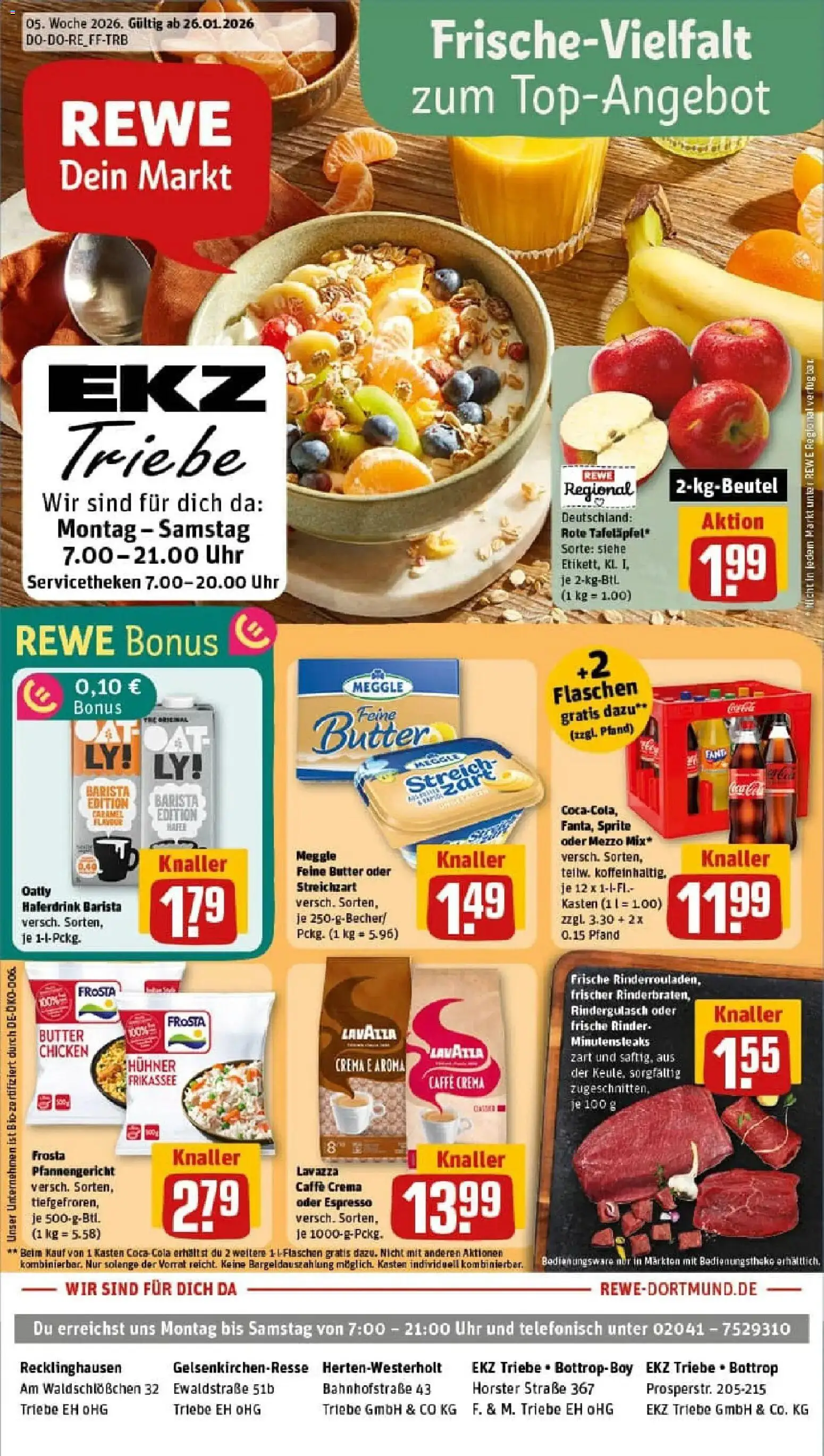 Vorschau von dem Prospekt des Geschäftes Rewe, gültig ab dem 26.01.2026 - Uhr, Butter, Rindergulasch, Lavazza, Frosta, Sprite, Oatly, Haferdrink