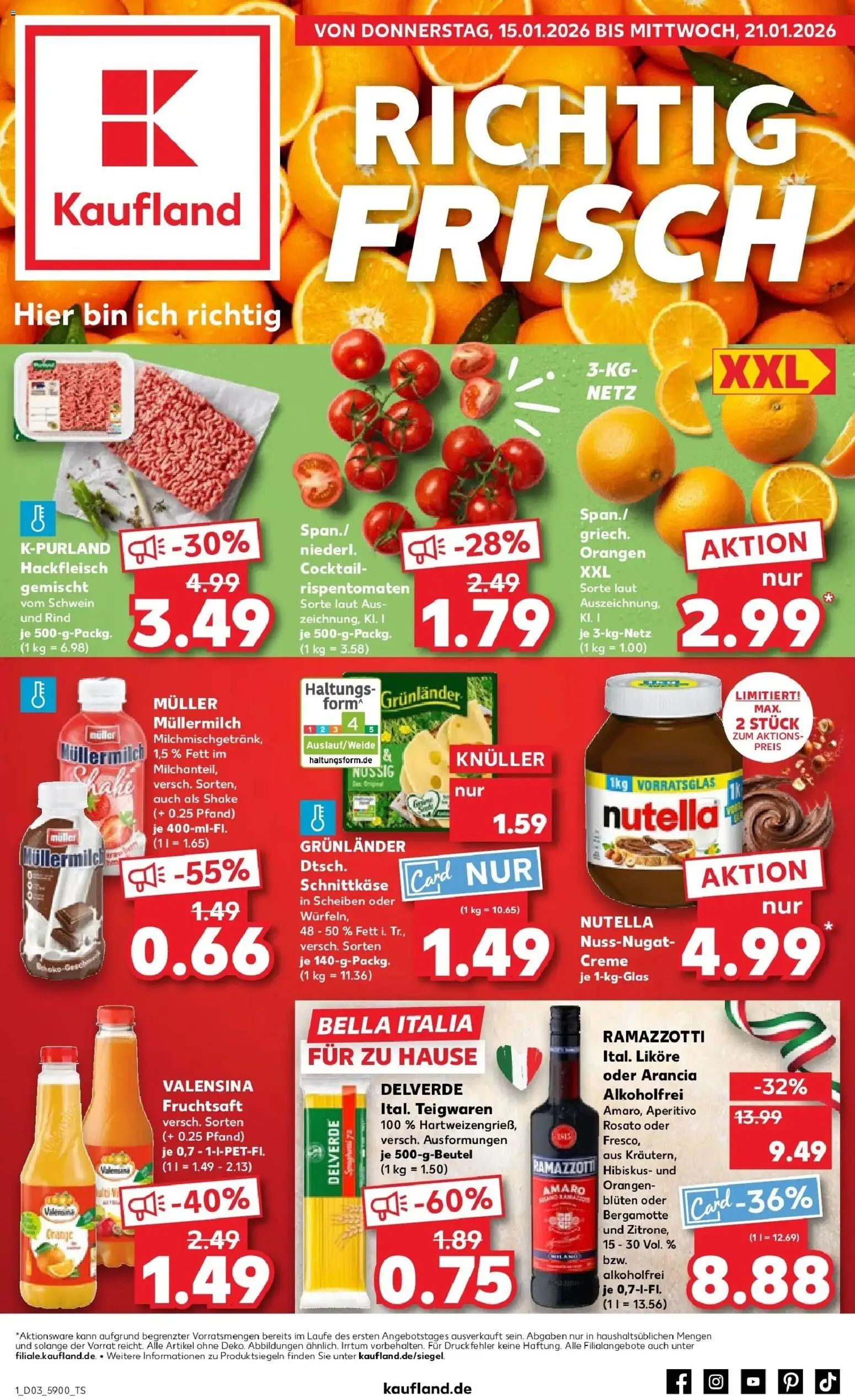 Vorschau von dem Prospekt des Geschäftes Kaufland, gültig ab dem 15.01.2026 - Nutella, Ramazzotti, Hackfleisch, Müllermilch, Creme, Valensina, Fruchtsaft, Muller mullermilch