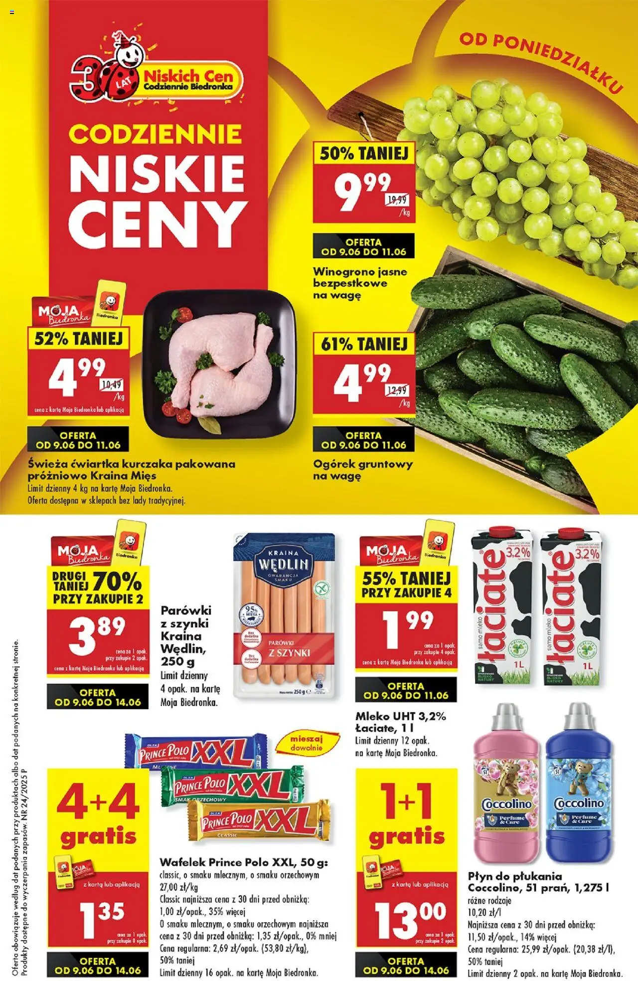 Biedronka gazetka promocyjna 09.06.2025 - "Nowa gazetka" - Numer strony 1 - Karta, Płyn do płukania, Coccolino, Parówki, Ogórek, Prince polo, Mleko, Mleko UHT