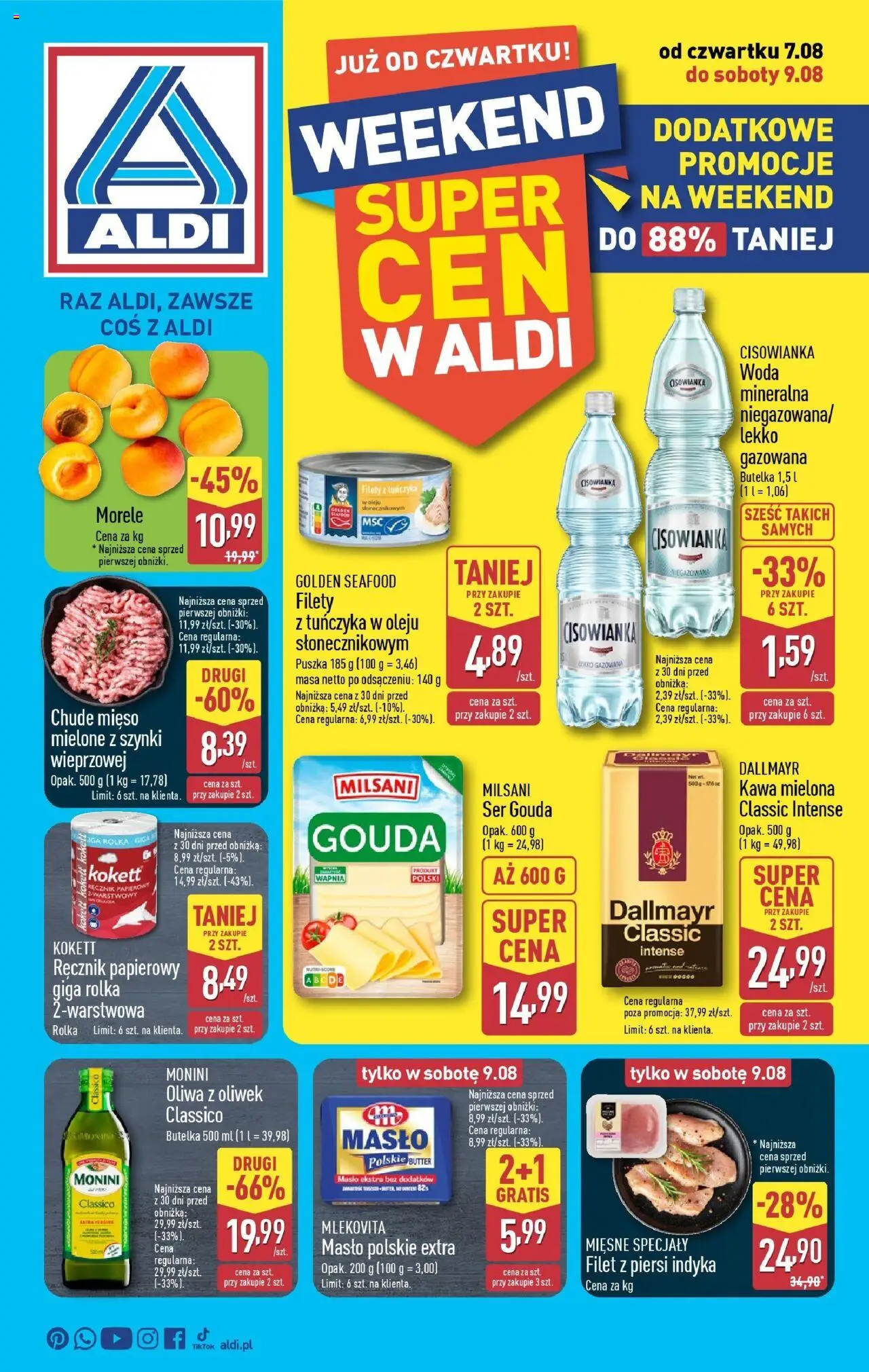 Aldi Okazje na weekend od 07.08.2025 - Nowa Gazetka - Numer strony 1 - Woda, Oliwa z oliwek, Piersi, Cisowianka, Kawa mielona, Specjały, Ser gouda, Masło Polskie