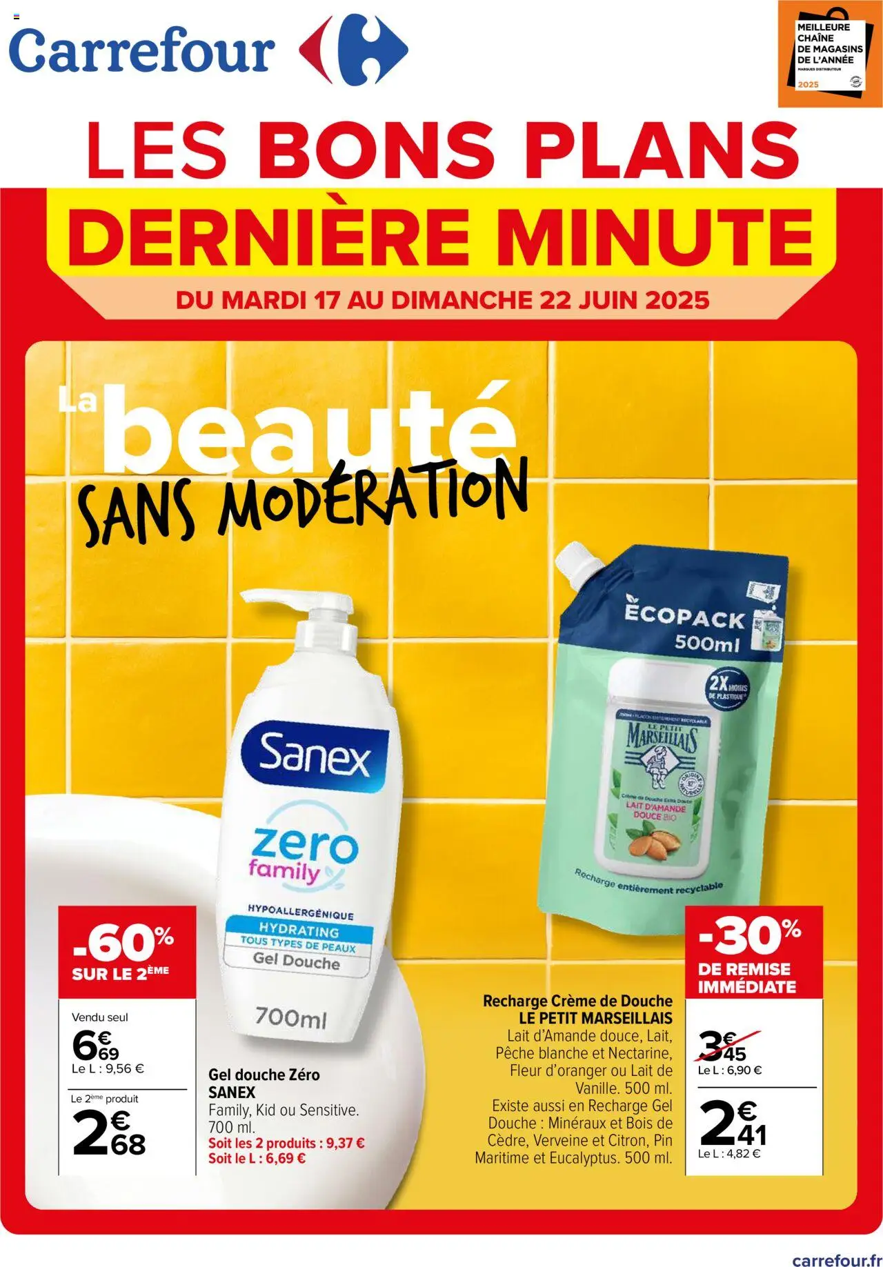 Les bons plans derniére minute de la boutique Carrefour valable du 17/06/2025 - Page numéro 1 - Lait, Crème, Gel douche, Douche, Pêche, Lait d'amande, Fleur d'oranger, Distributeur