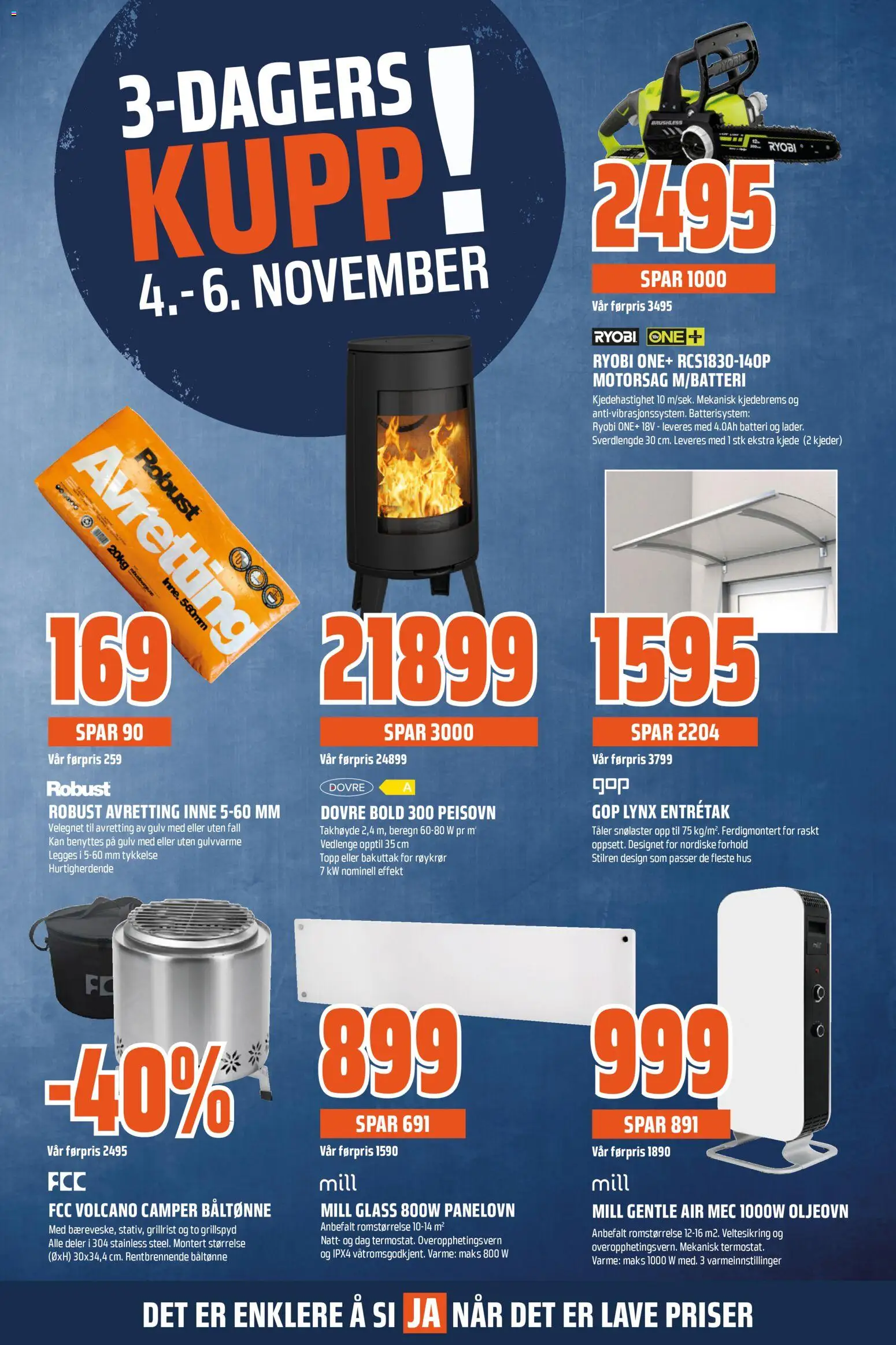Forhåndsvis Kundeavis fra butikk Obs Bygg gyldig fra 04/11/2025 - Motorsag, Panelovn, Ryobi, 1, Gulv, Glass, Batteri, Topp