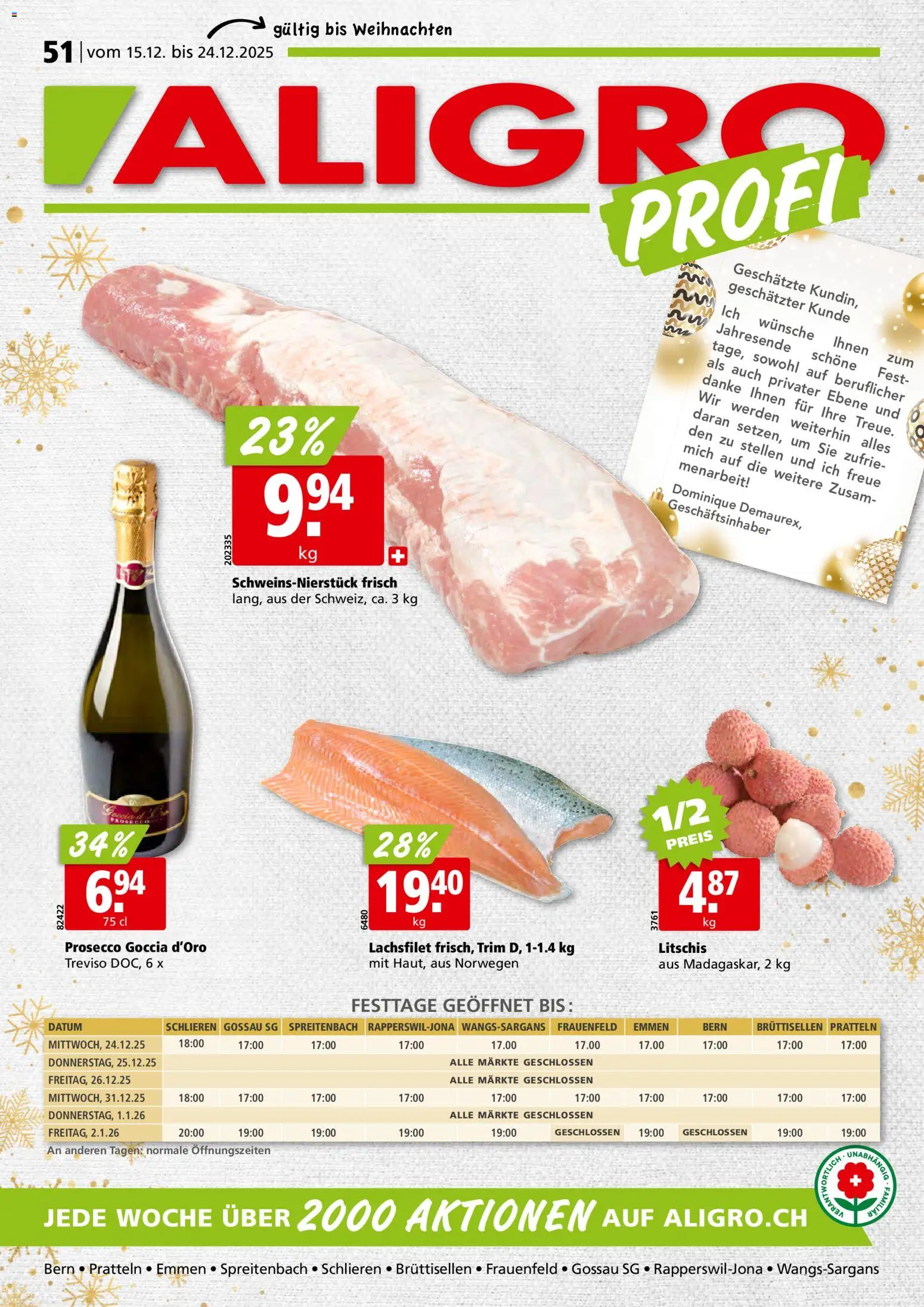 Vorschau des Merkblatts Aktionen Schlieren, Gossau SG, Frauenfeld, Rapperswil-Jona, Sargans, Bern, Brüttisellen, Pratteln, Emmen, Spreitenbach vom Shop Aligro gültig von 15.12.2025 bis 24.12.2025