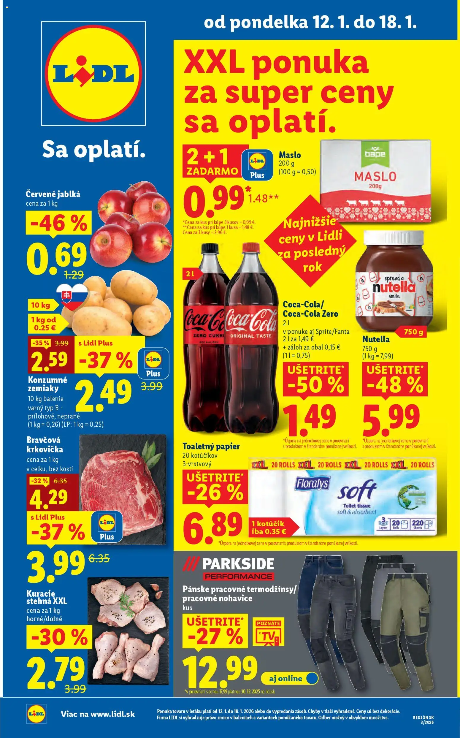 Náhľad Lidl letáku platného od 12.01.2026 - Parkside, Coca cola, Kuracie stehná, Nohavice, Toaletný papier, Krkovička, Cola, Jablká