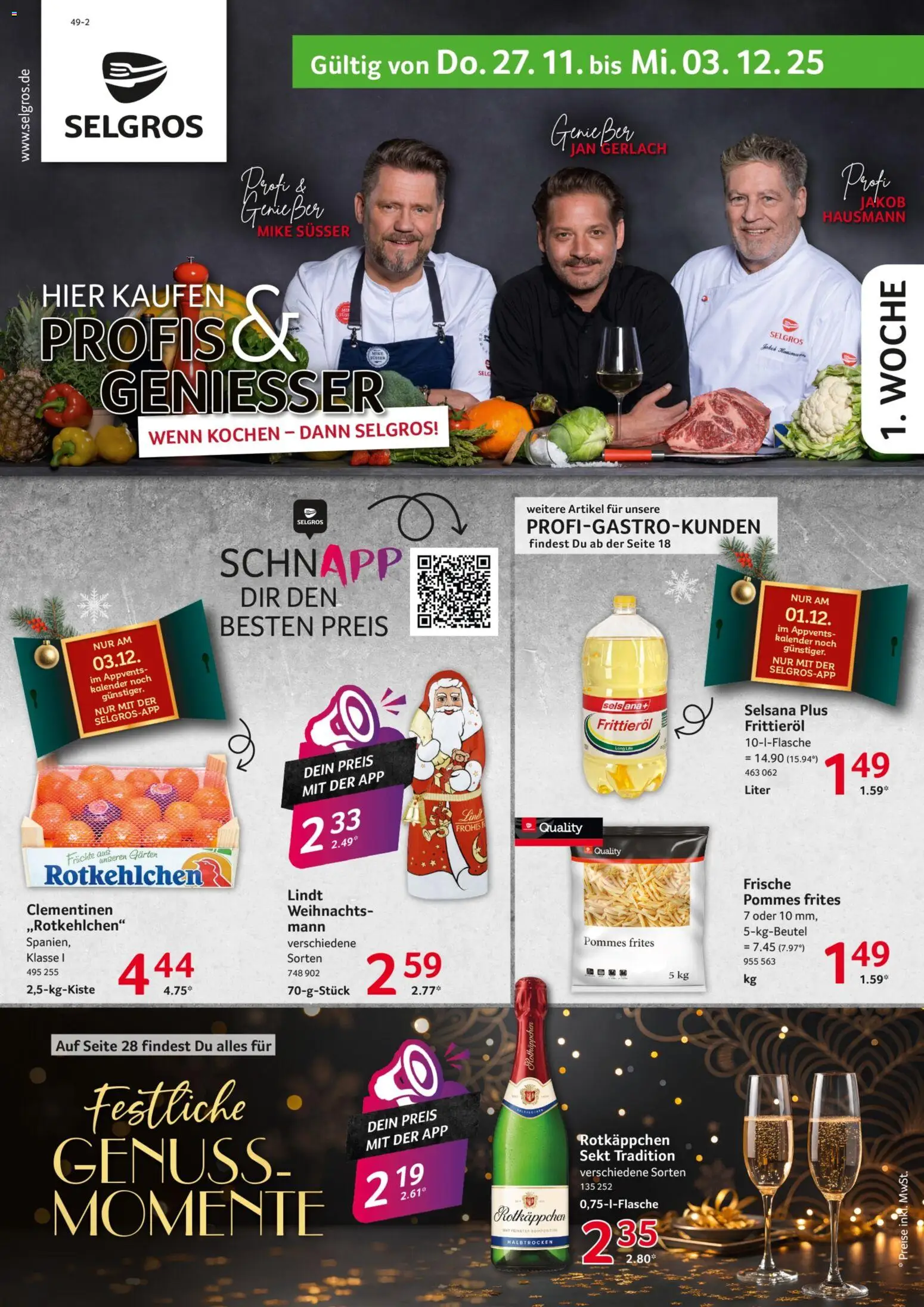 Vorschau von dem Prospekt des Geschäftes Selgros, gültig ab dem 27.11.2025 - Lindt, Pommes, Rotkäppchen, Pommes frites, Sekt, Frittieröl, Rotkappchen sekt