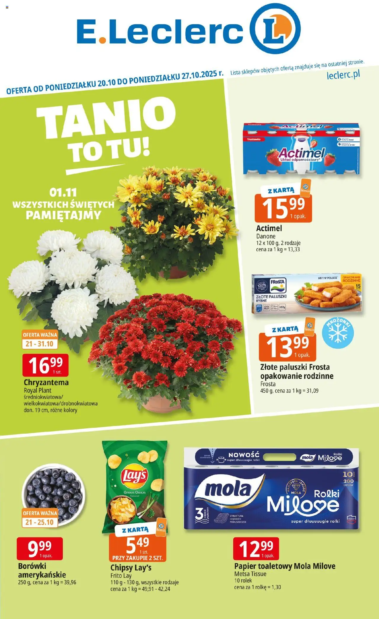 E.Leclerc Elbląg od 20.10.2025 - Nowa Gazetka - Numer strony 1 - Rolki, Borówki, Chipsy, Karta, Actimel, Mrożonki, Paluszki rybne, Frosta