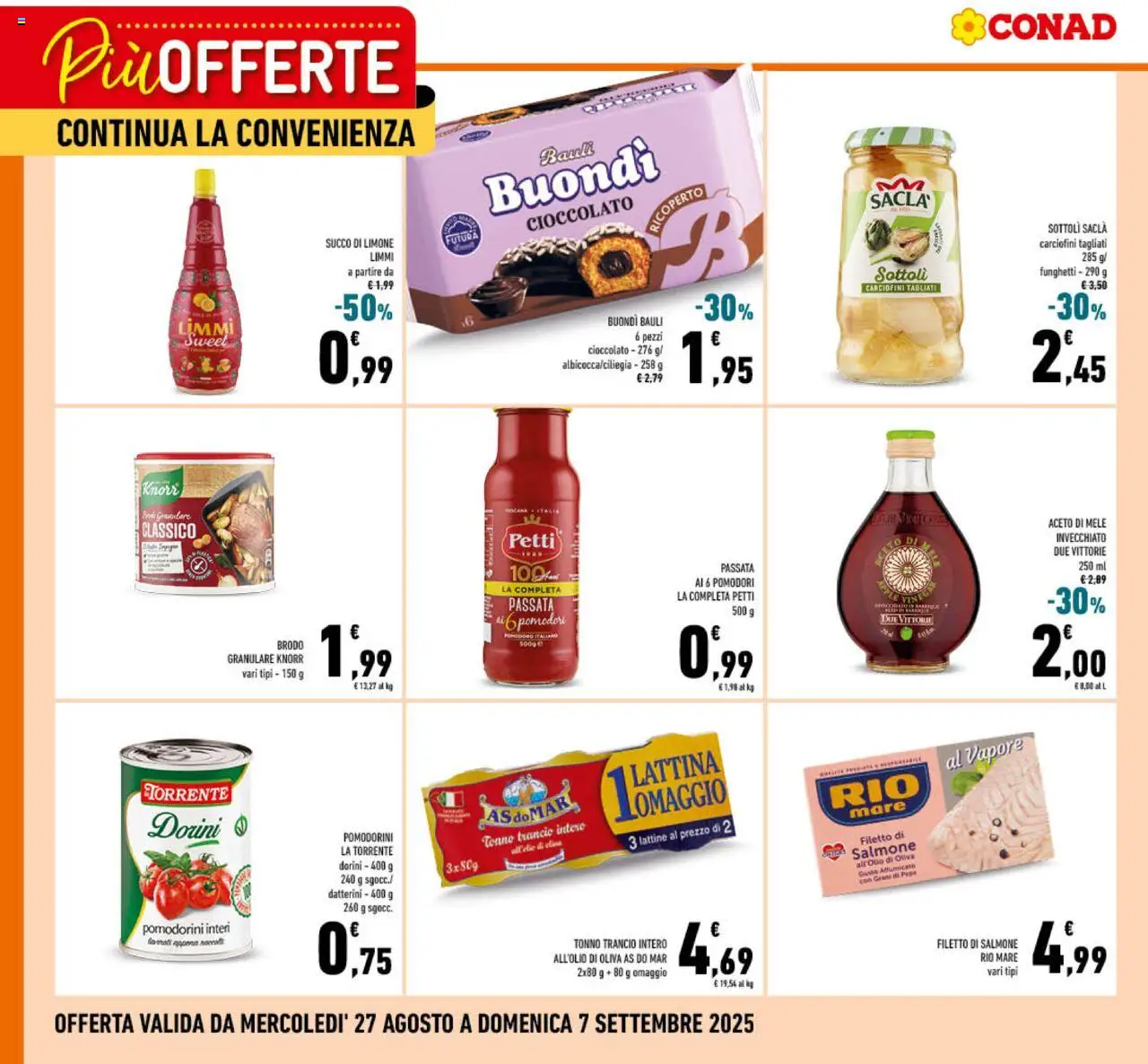 Volantino Conad valido da 27/08/2025 numero di pagina 1 - Cioccolato, Tonno, Filetto, Aceto di mele, Aceto, Brodo, Succo, Filetto di salmone