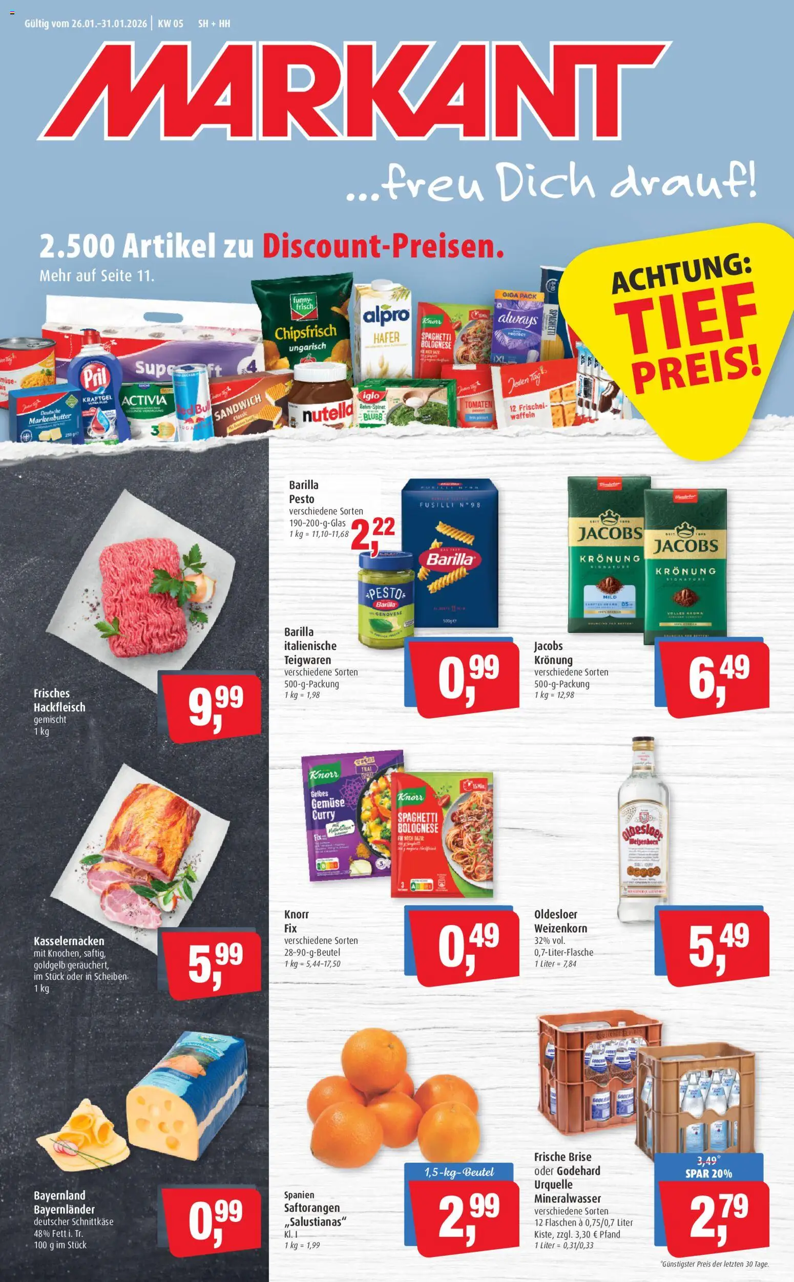 Vorschau von dem Prospekt des Geschäftes Markant, gültig ab dem 26.01.2026 - Red bull, Waffeln, Nutella, Gemüse, Mineralwasser, Iglo, Alpro, Oldesloer