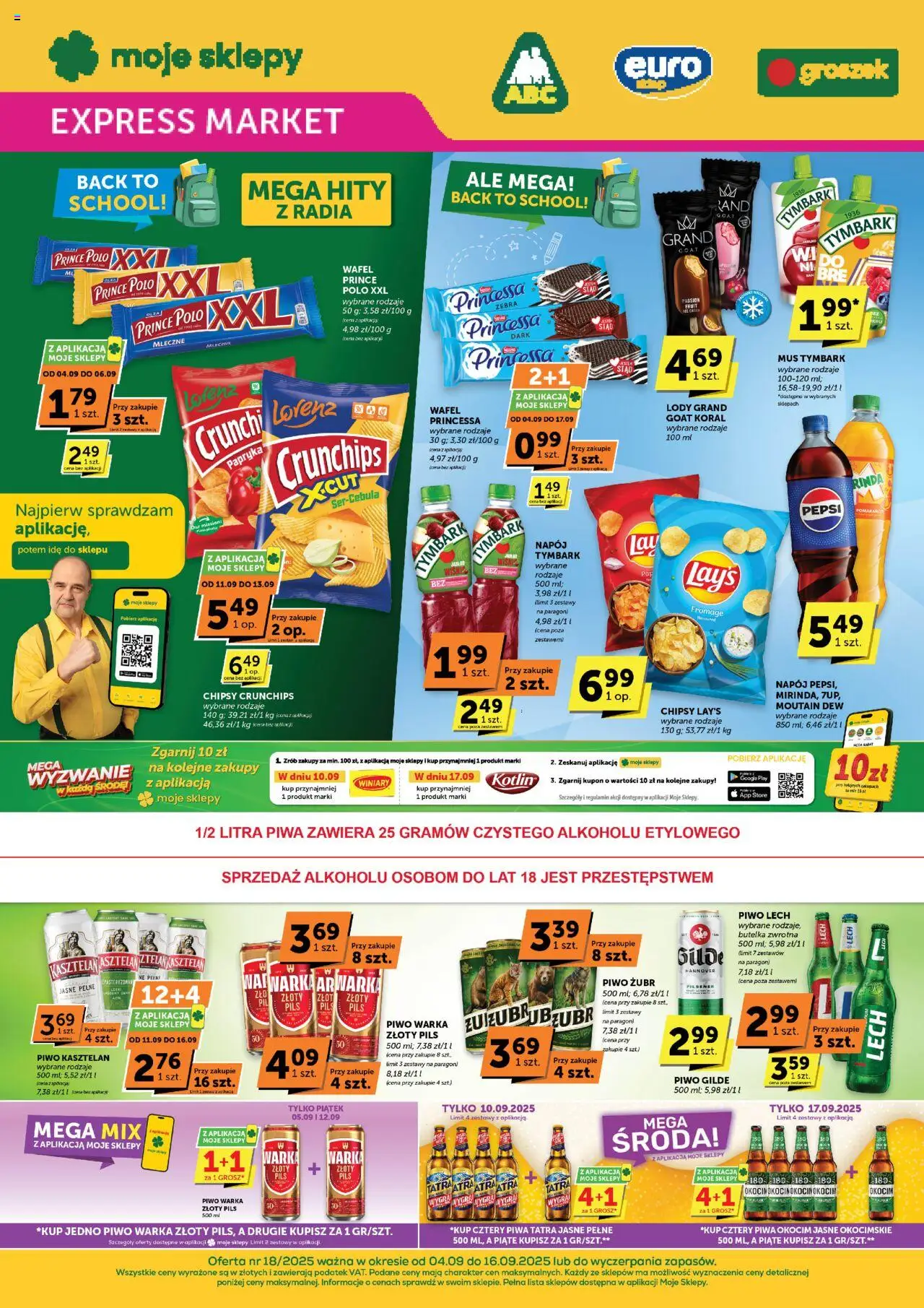 Groszek Expressmarket od 04.09.2025 - Nowa Gazetka - Numer strony 1 - Lody, Lech, Groszek, Warka, Chipsy, Papryka, Piwo żubr, Piwo kasztelan