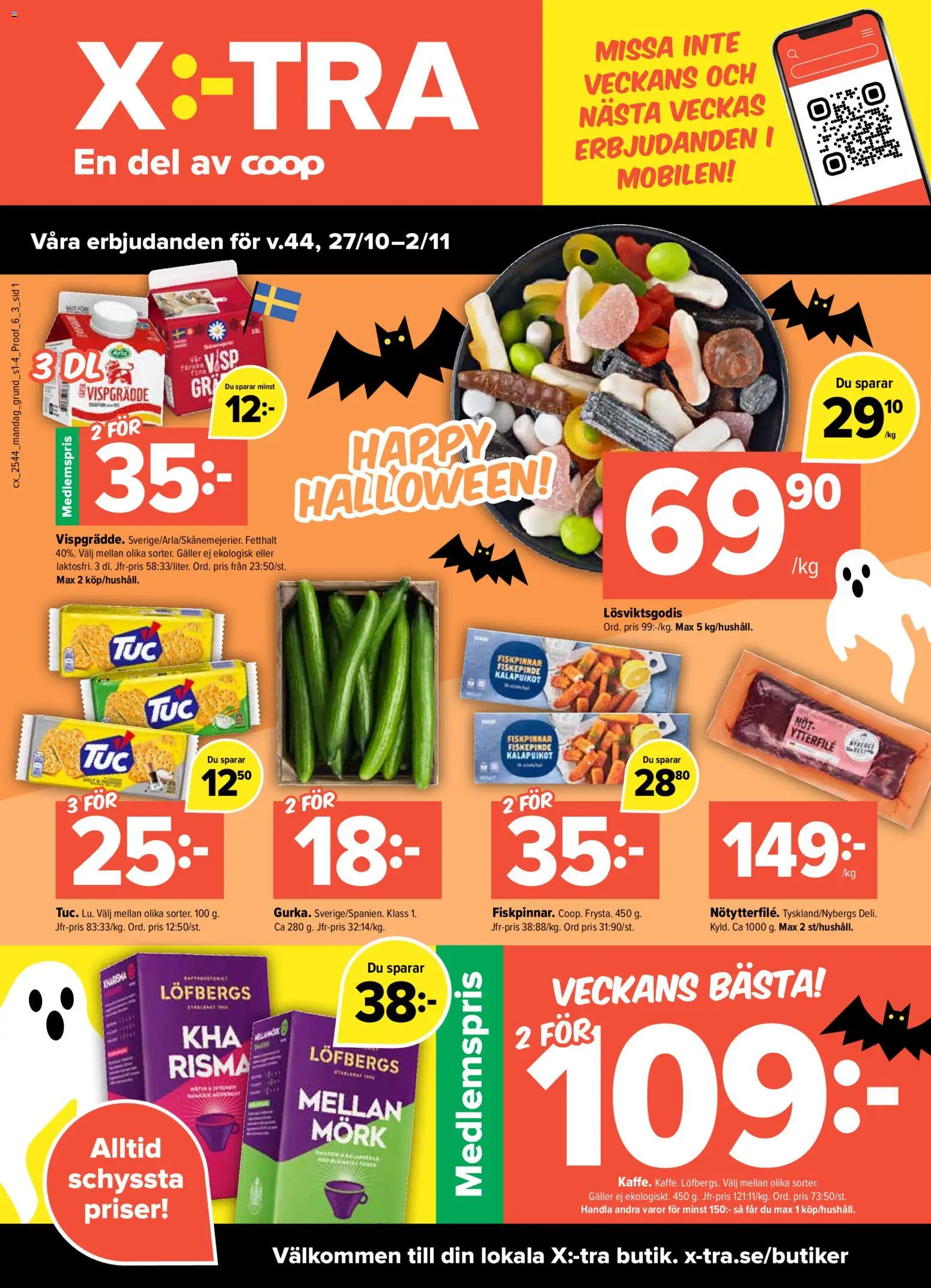 Aktuella reklamblad Coop X:-TRA är giltig 27/10 2025 > Veckans Erbjudanden gäller från 27/10/2025 till 02/11/2025 sidnummer 1
