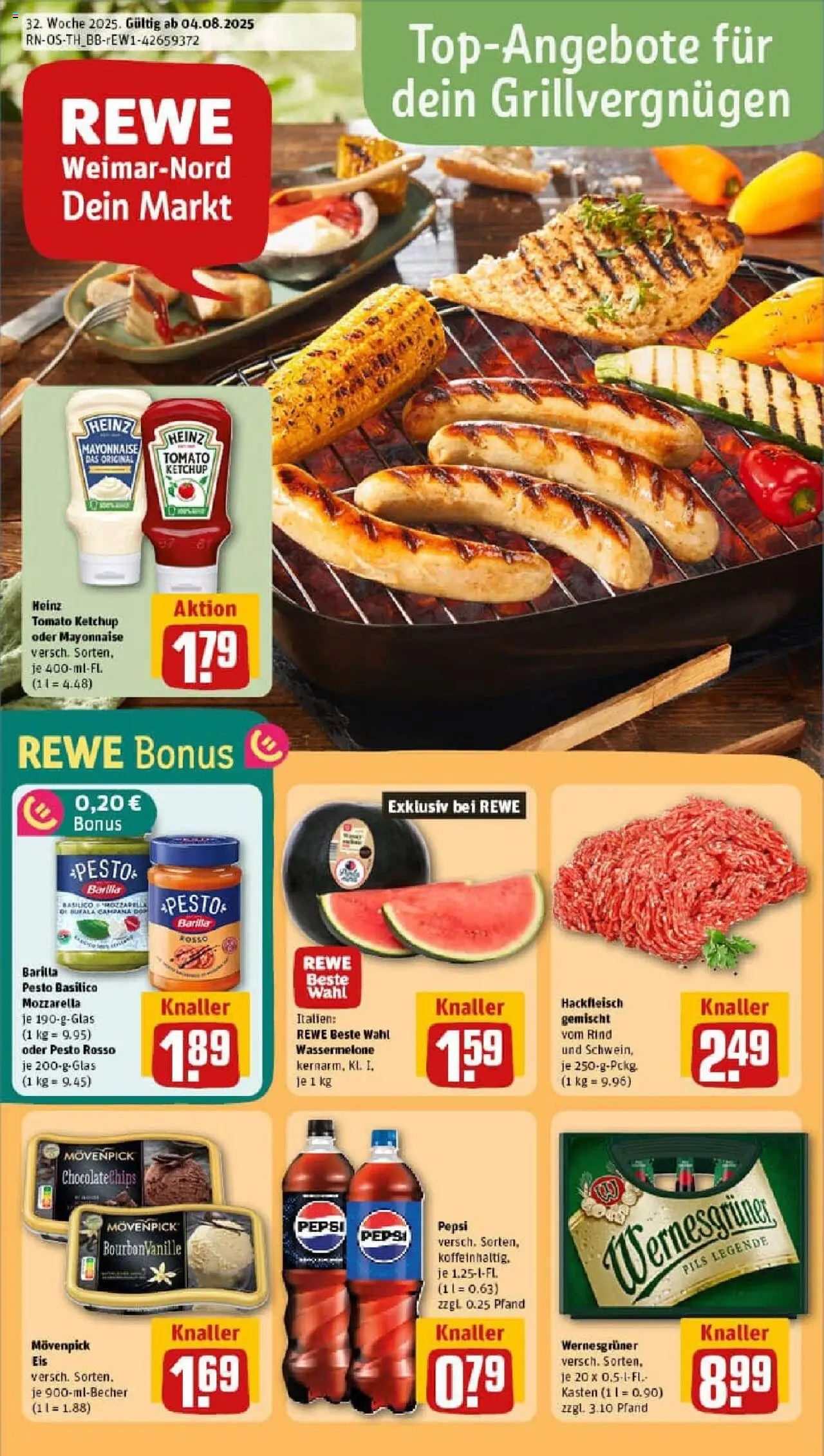REWE Prospekt ab 03.08.2025 nächste Woche - Prospekt Weimar - Eis, Mozzarella, Hackfleisch, Mayonnaise, Ketchup, Pepsi, Pils, Wernesgruner