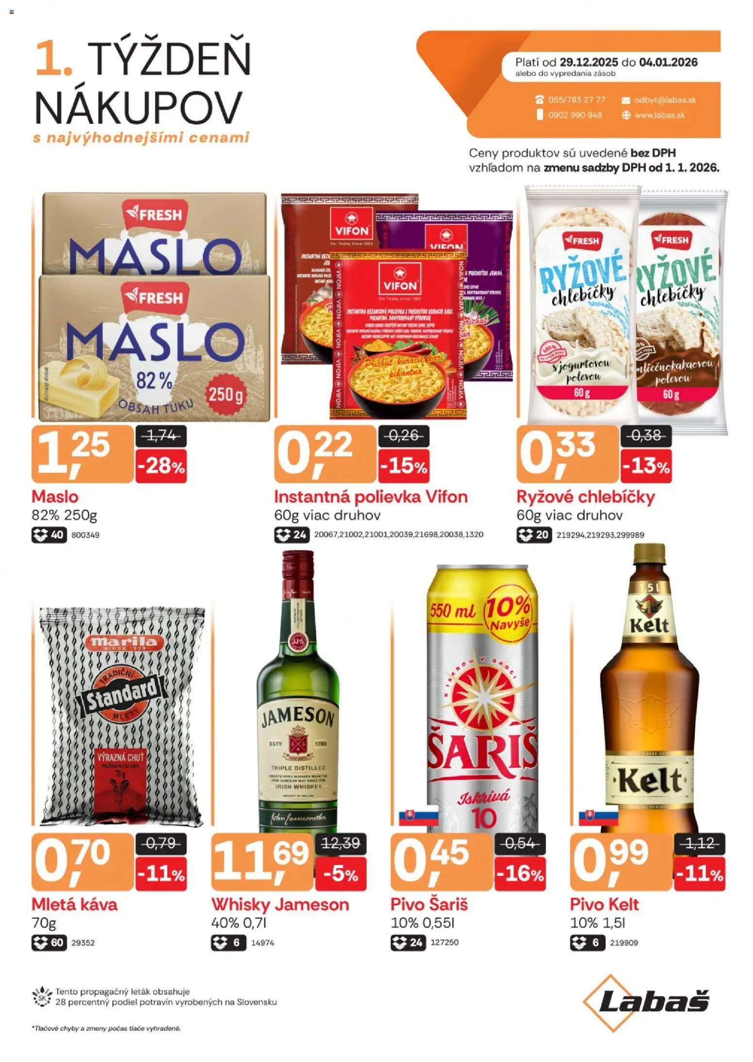 Náhľad Labaš letáku platného od 29.12.2025 - Maslo, Káva, Pivo, Whisky, Jameson, Šariš, Kelt