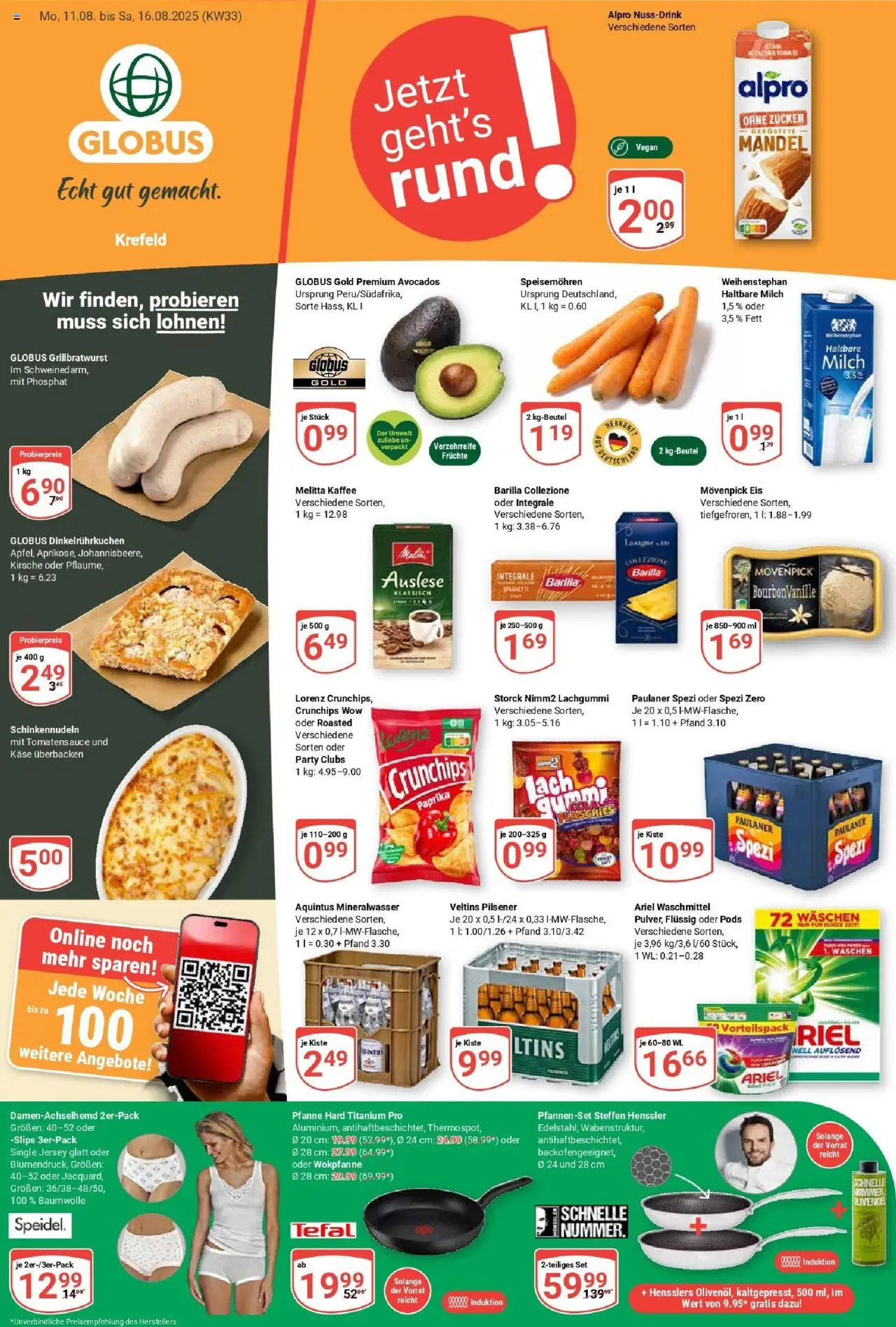 Globus Prospekt ab Montag 11.08.2025 > Prospekt Krefeld - Kaffee, Milch, Paulaner, Barilla, Waschmittel, Vanille, Melitta, Melitta kaffee