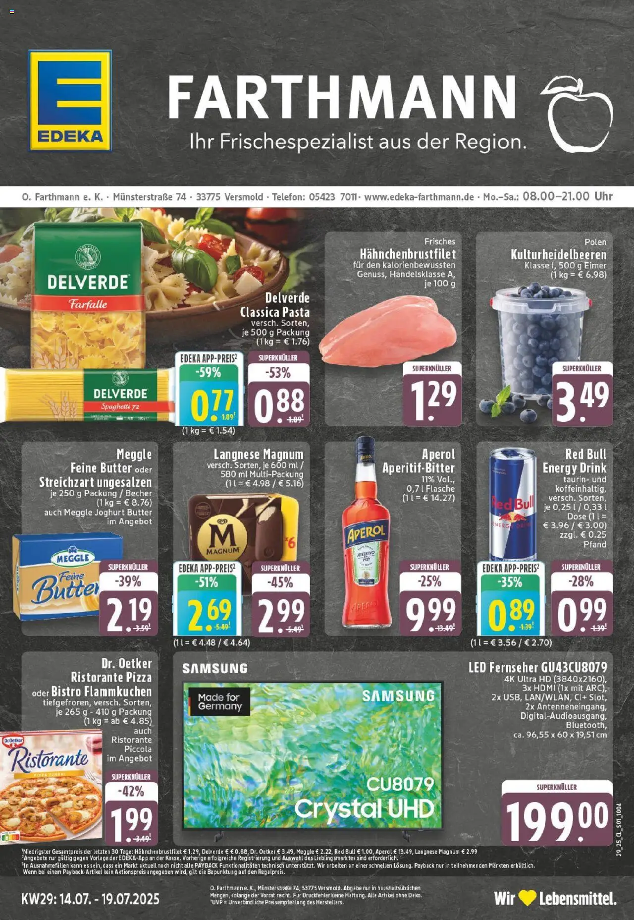 EDEKA Prospekt ab 13.07.2025 - Prospekt Versmold Online - Pizza, Uhr, Red bull, Aperol, Joghurt, Ristorante, Energy, Fernseher