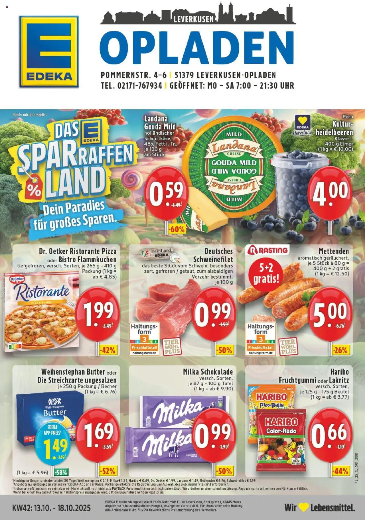 EDEKA Prospekt ab 13.10.2025 - Prospekt Leverkusen Online - Butter, Schokolade, Haribo, Milka schokolade, Heidelbeeren, Milka, Schweinefilet, Gouda