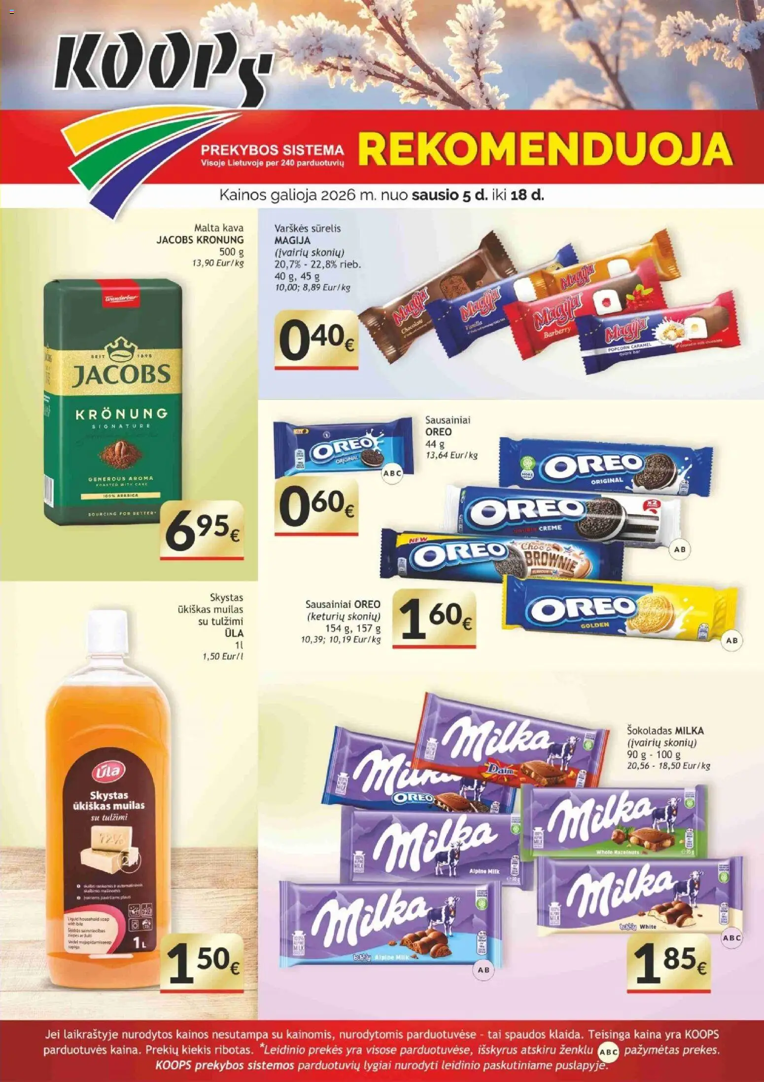 Koops parduotuvės leidinio Leidinys galiojančio nuo 2026.01.05 peržiūra - Kava, Sausainiai, Šokoladas, Muilas, Sūrelis