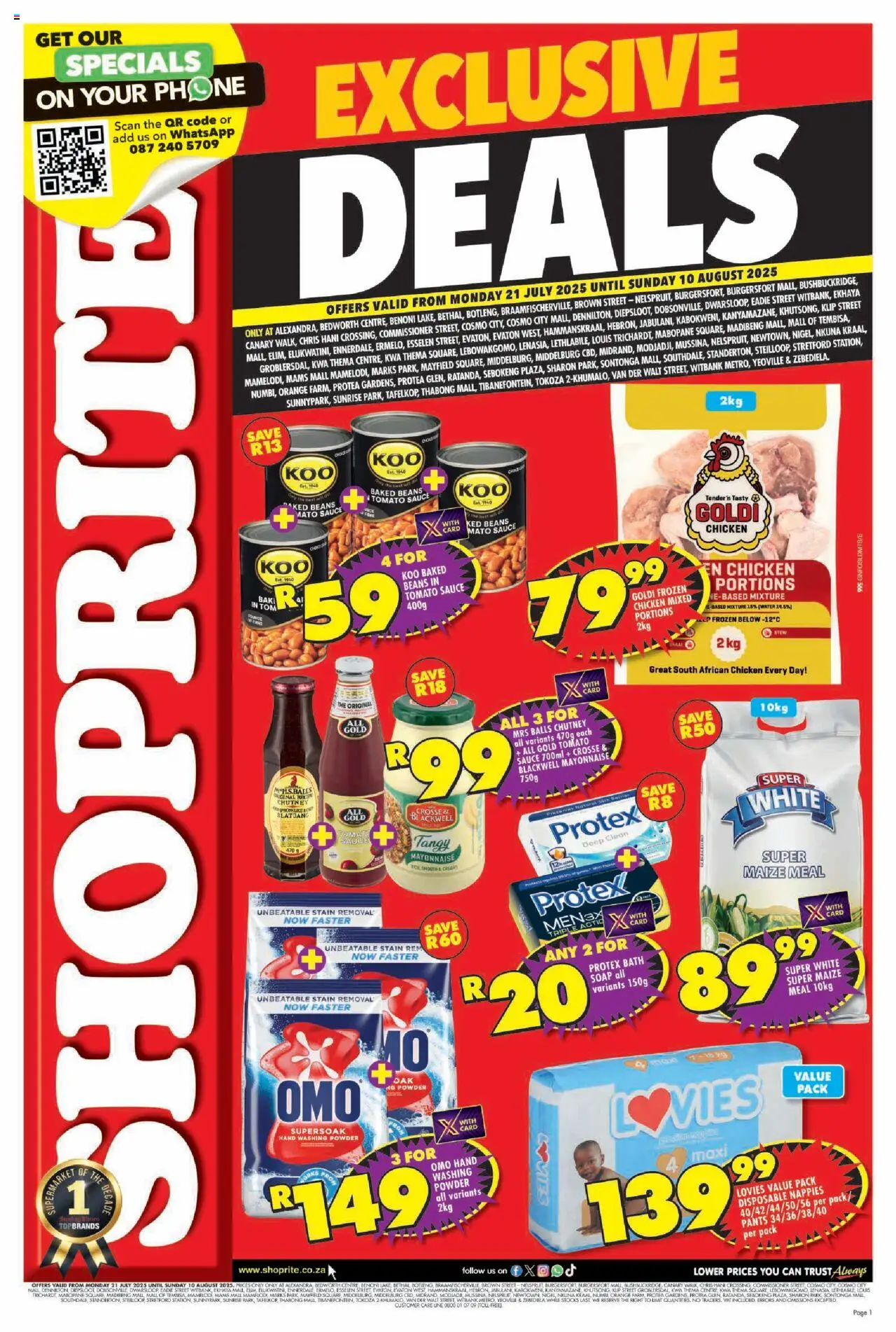 Shoprite Gauteng - Major Deals Exclusive 21/07 - 10/08/2025 >> Catalogue - Baked beans, Phone, Bath, Chicken, Soap, Washing powder, Sauce, Nappies