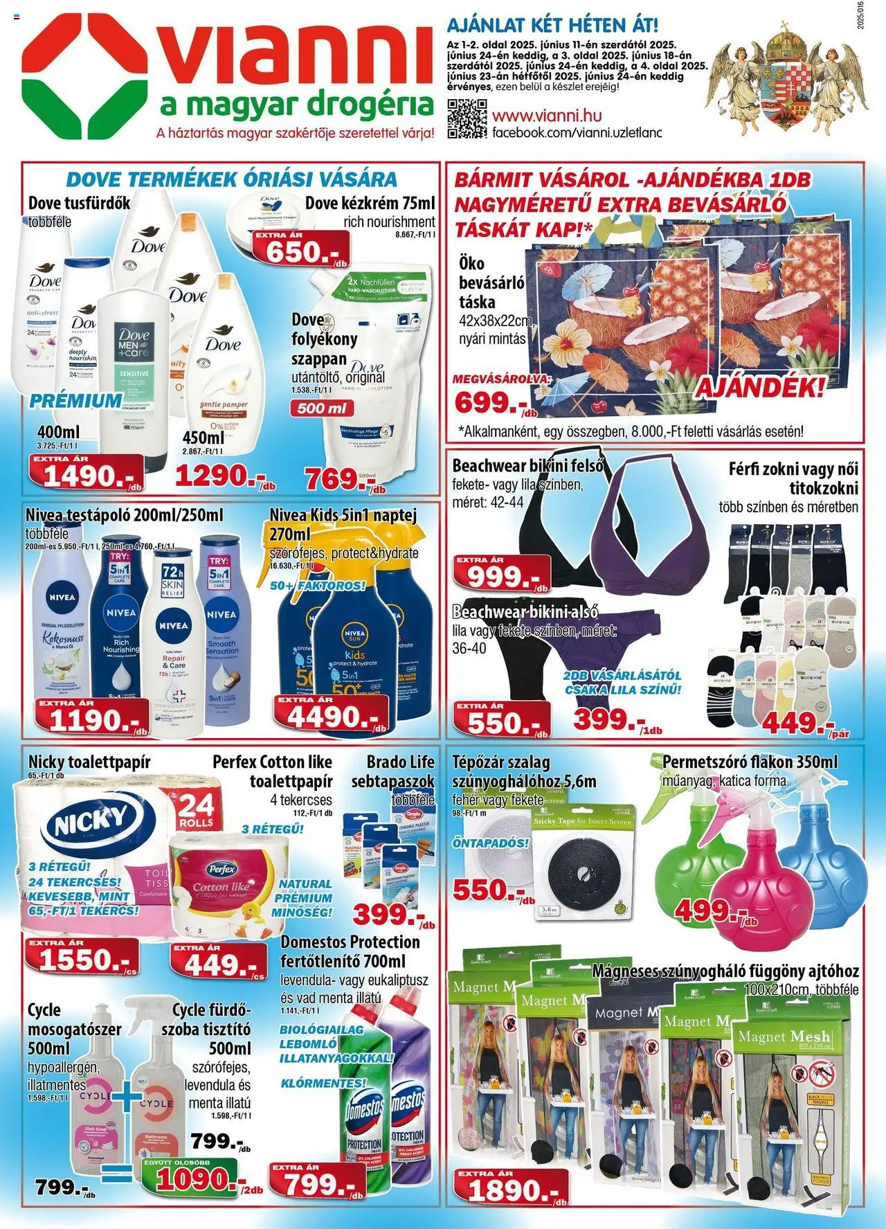 Vianni aktuális szórólap, érvényes 2025.06.11.-től - 1 oldal - Függöny, Szúnyogháló, Domestos, Szalag, Nivea, Szappan, Titokzokni, Toalettpapír