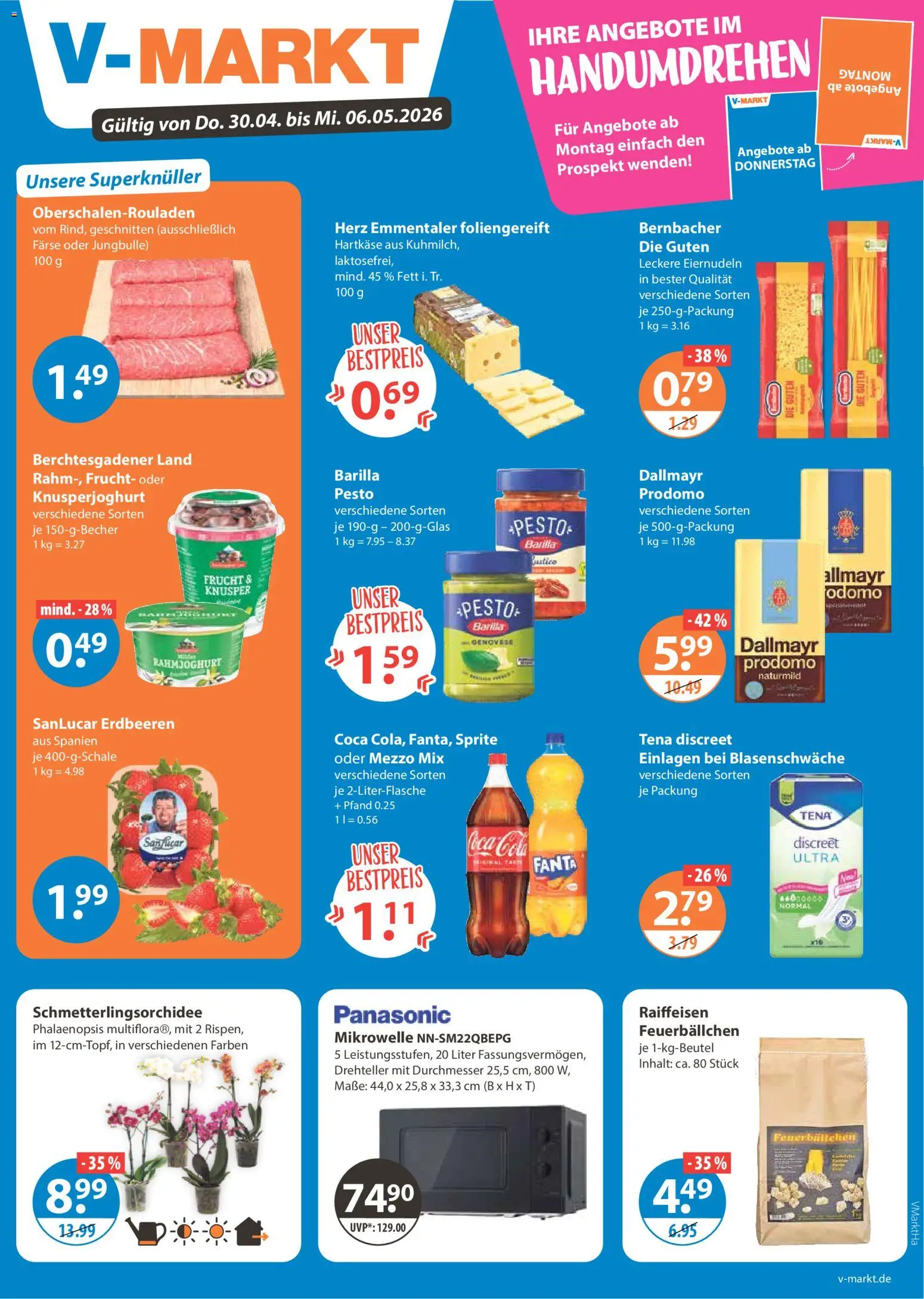 Vorschau von dem Prospekt des Geschäftes V-Markt, gültig ab dem 30.04.2026 - Mikrowelle, Coca cola, Cola, Dallmayr, Fanta, Barilla, Sprite, Oder mezzo mix