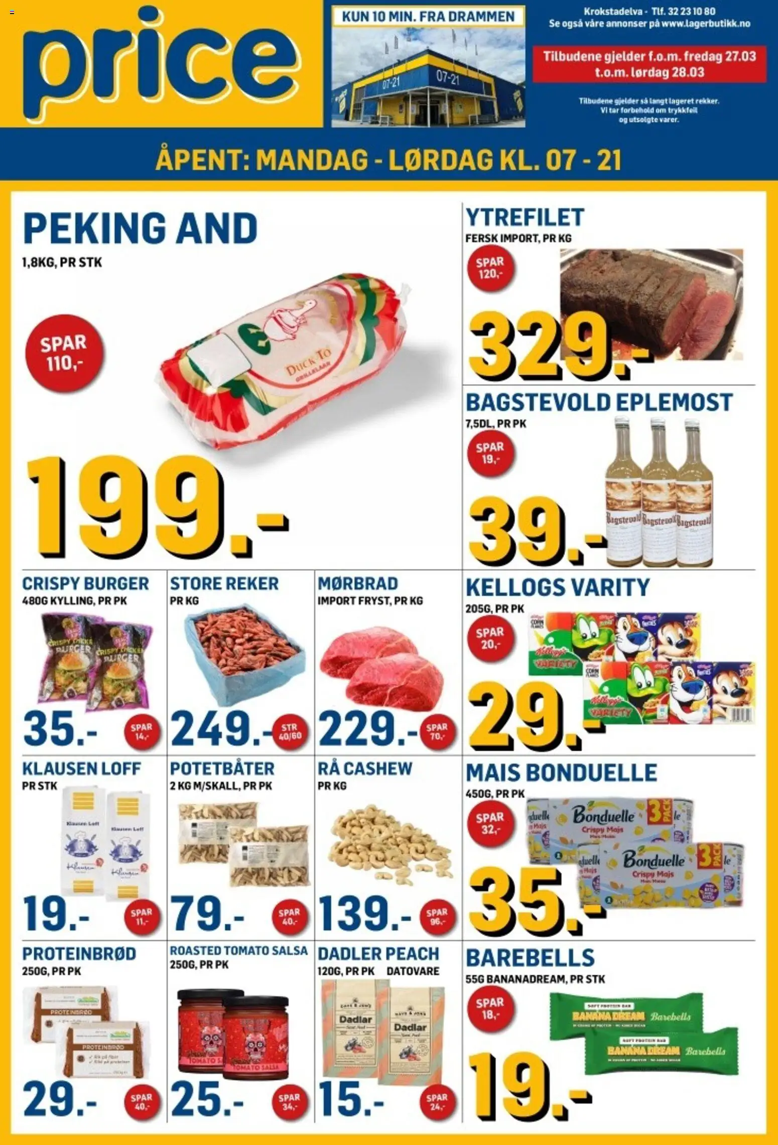 Forhåndsvis Price Lagerbutikk kundeavis fra butikk Price Lagerbutikk gyldig fra 27/03/2026 - Loff, Mørbrad, Proteinbrød, And, Reker, Dadler, Eplemost, Mais