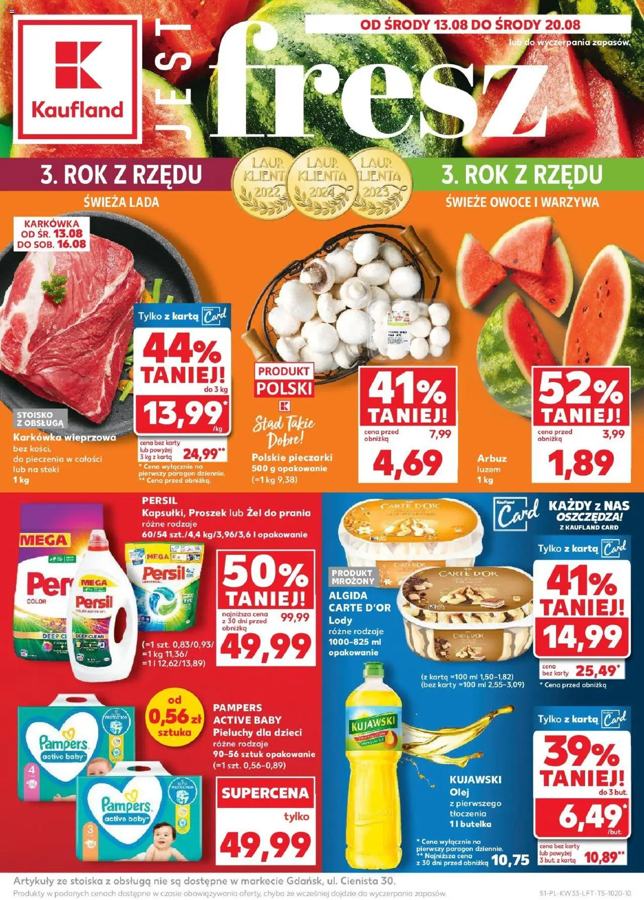 KAUFLAND gazetka promocyjna 13.08.2025 - Promocje - Numer strony 1 - Lody, Warzywa, Arbuz, Olej, Pampers, Pieluchy, Proszek, Pieluchy dla dzieci
