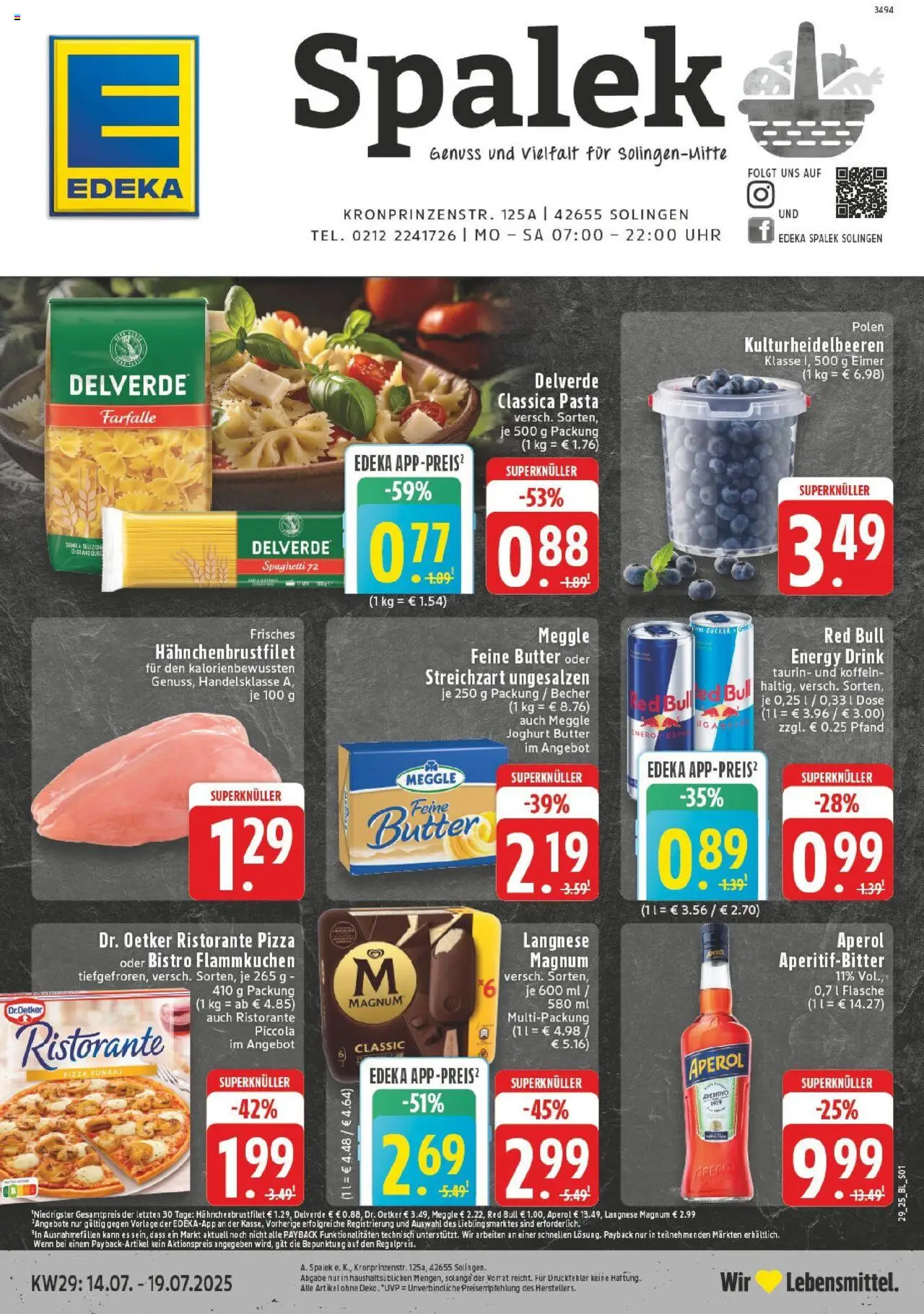 EDEKA Prospekt ab 13.07.2025 - Prospekt Solingen Online - Pizza, Uhr, Pasta, Aperol, Spaghetti, Zucker, Energy, Langnese