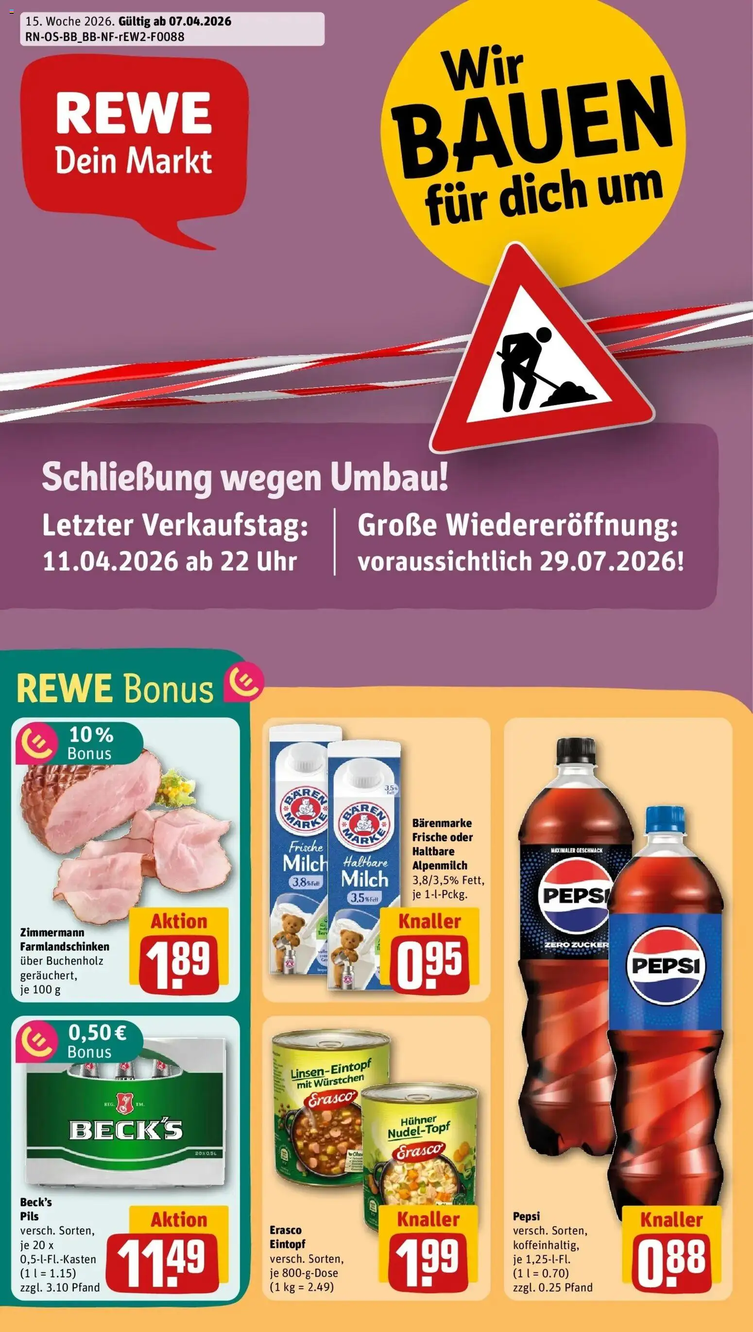 Vorschau von dem Prospekt des Geschäftes Rewe, gültig ab dem 05.04.2026 - Uhr, Cola, Milch, Zucker, Pepsi, Pils, Erasco