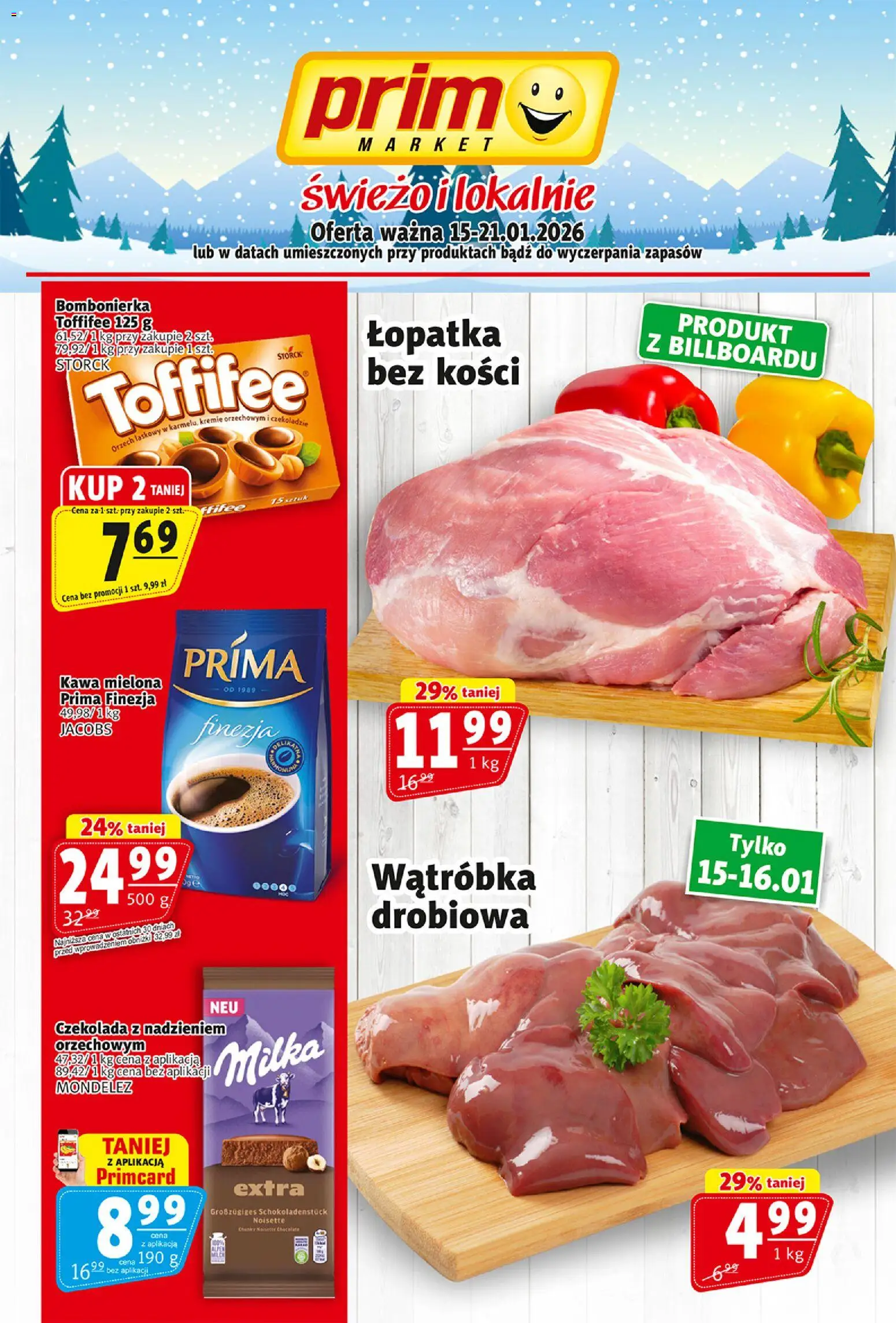 Pogląd gazetki "Gazetka" ze sklepu Prim Market ważnej od 15.01.2026 - Kawa, Czekolada, Jacobs, Toffifee, Milka, Bombonierka, Wątróbka, Kawa mielona