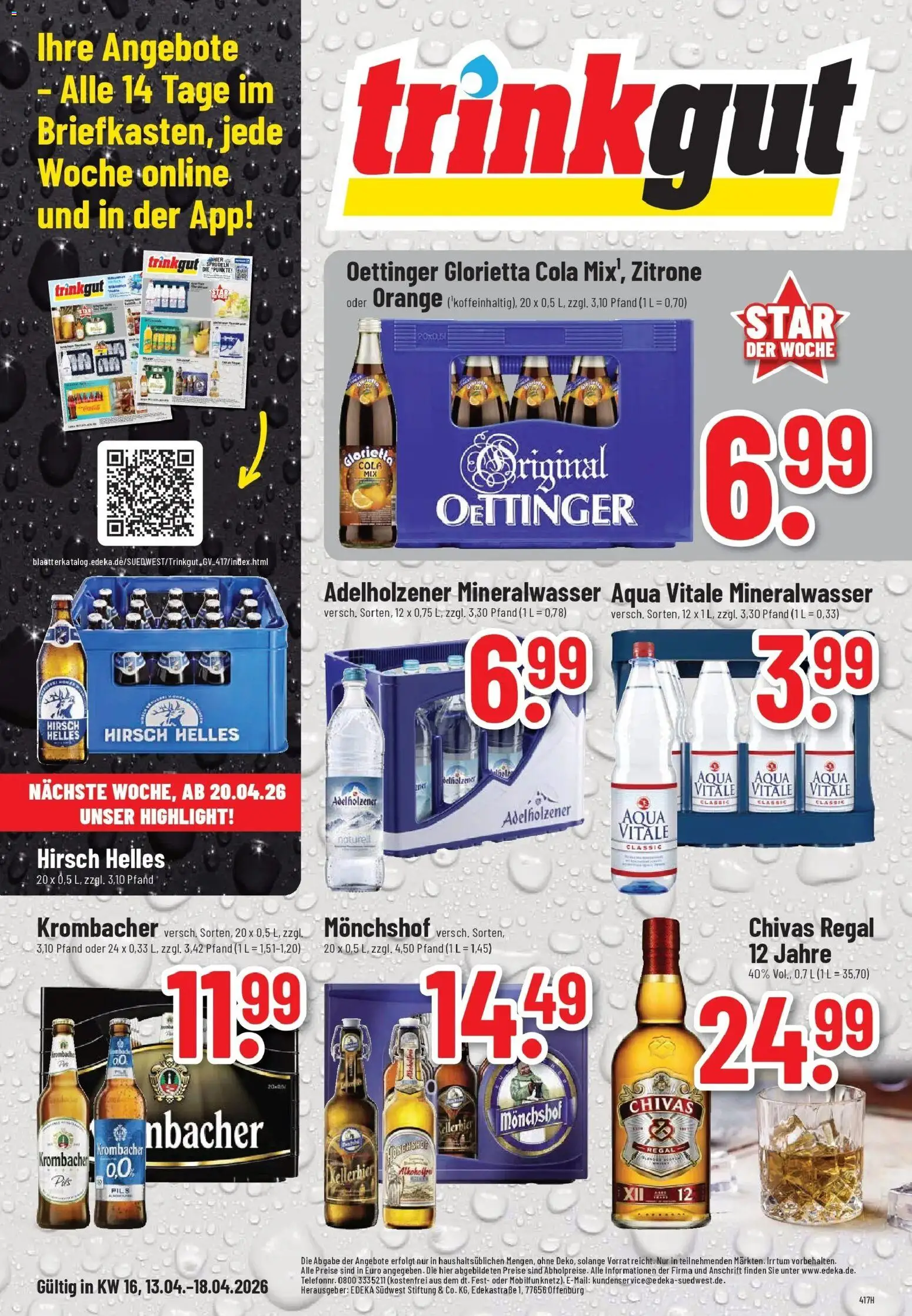 Vorschau von dem Prospekt des Geschäftes Trinkgut, gültig ab dem 12.04.2026 - Cola, Regal, Mineralwasser, Zitrone, Oettinger, Adelholzener, Monchshof, Pils