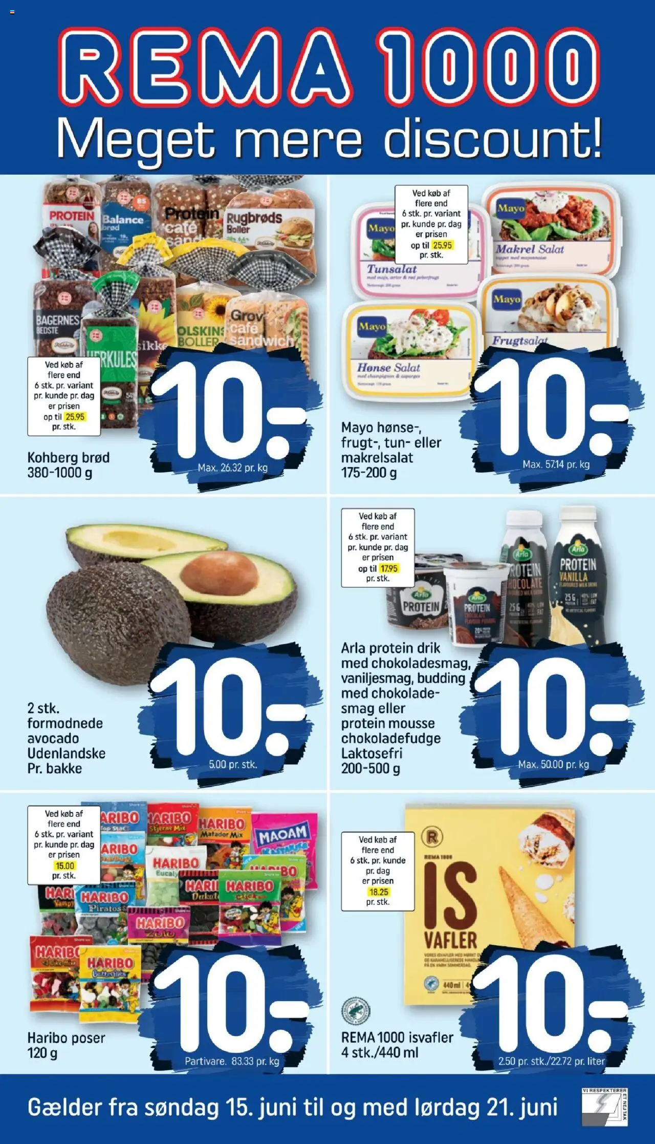 Rema 1000 tilbudsavis gyldig fra 15/06/2025 - side 1 - Brød, Chokolade, Salat, Avocado, Makrel, Tun, Isvafler, Peberfrugt