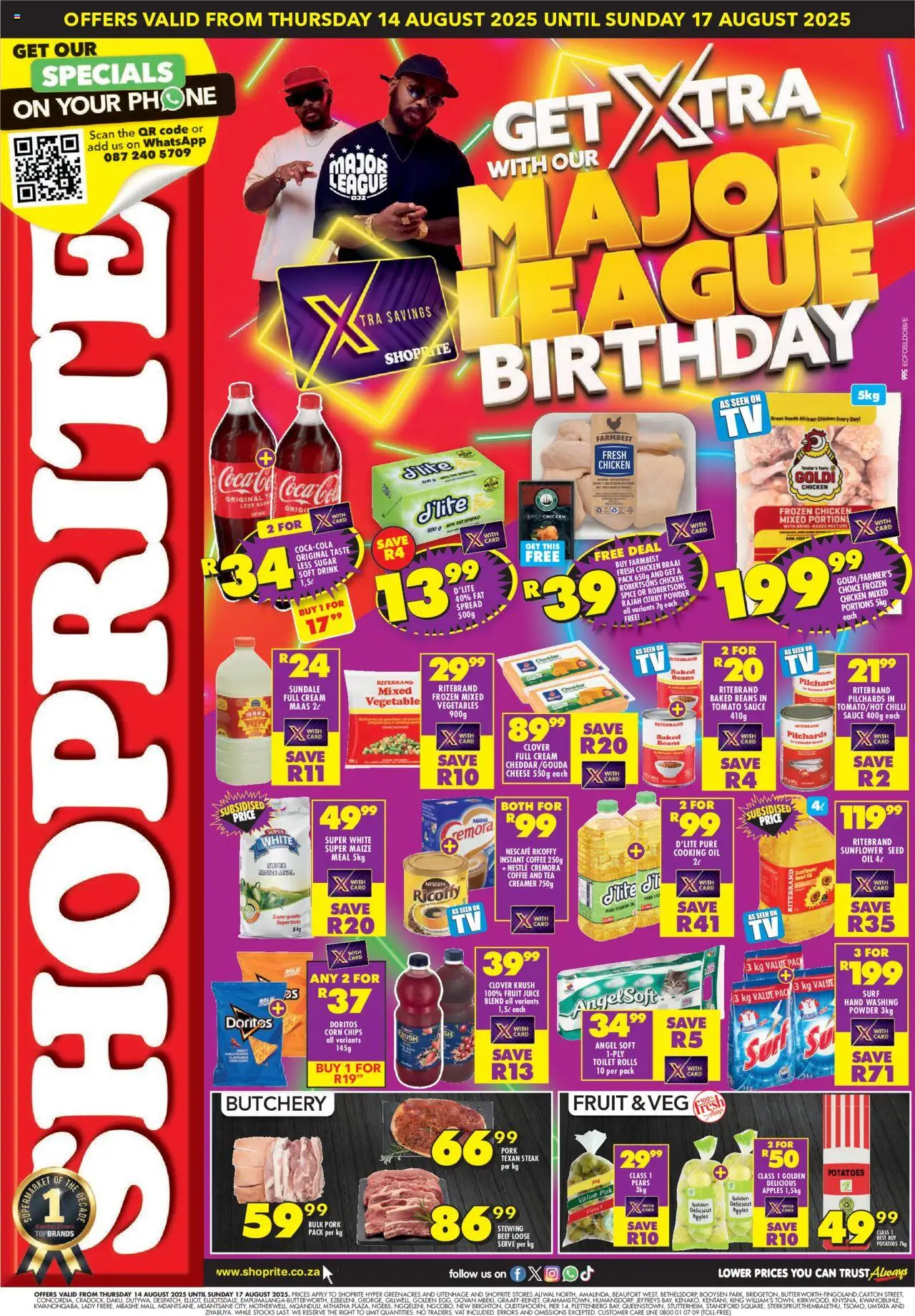 Shoprite Eastern Cape - Major League Birthday Deals 14/08 - 17/08/2025 >> Catalogue - Coffee, Apples, Oil, Corn, Maize meal, Pork, Pears, Cheddar