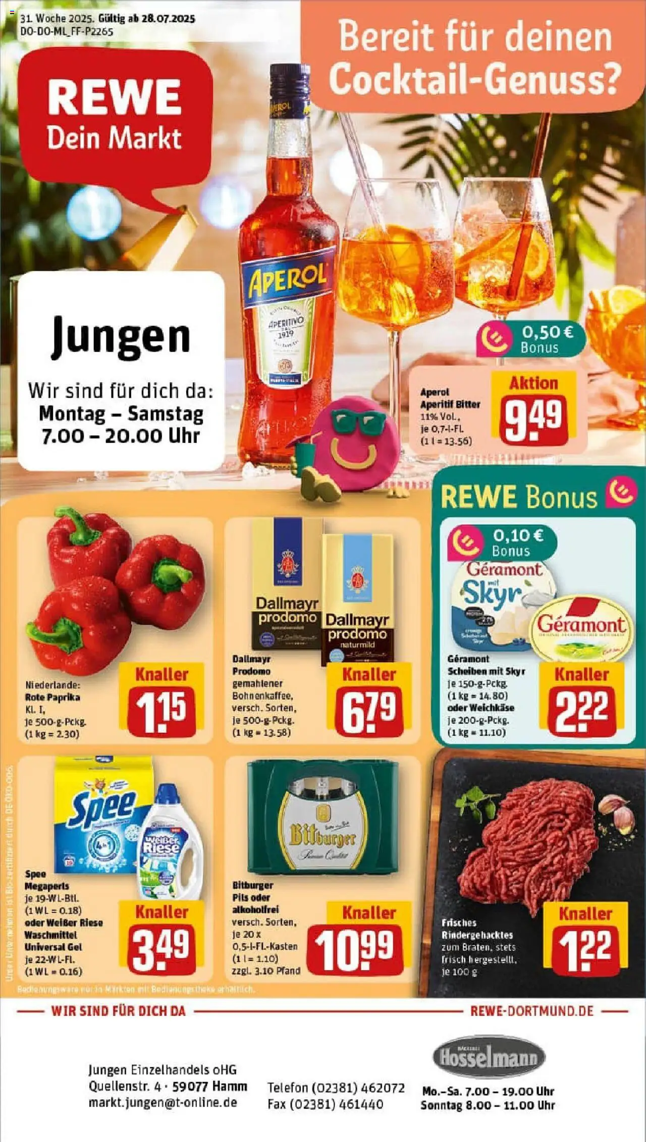 REWE Prospekt ab 27.07.2025 nächste Woche - Prospekt Hamm - Uhr, Telefon, Aperol, Dallmayr, Bitburger, Geramont, Pils, Rote Paprika