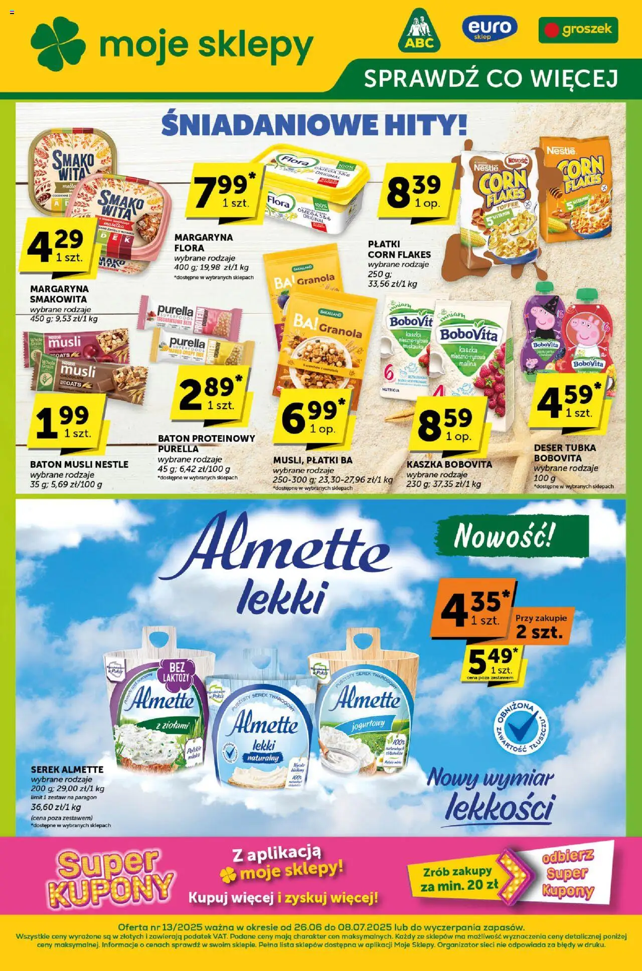 Groszek Sprawdź, co więcej od 26.06.2025 - Nowa Gazetka - Numer strony 1 - Płatki, Margaryna, Baton, Cream cheese, Kaszka bobovita, Płatki corn flakes, Serek almette, Deser