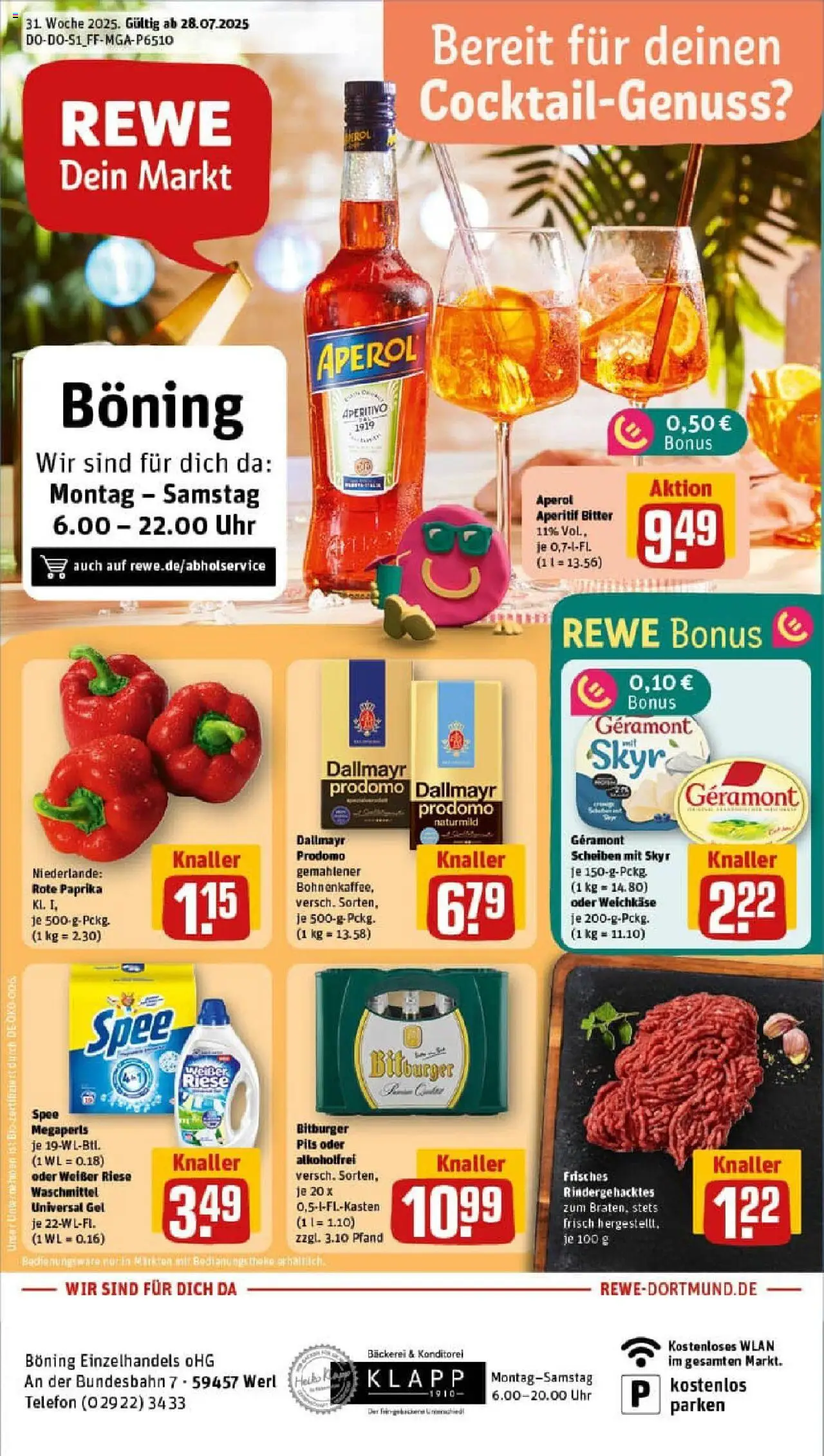 REWE Prospekt ab 27.07.2025 nächste Woche - Prospekt Werl - Uhr, Telefon, Spee, Skyr, Paprika, Waschmittel, Bitburger, Geramont
