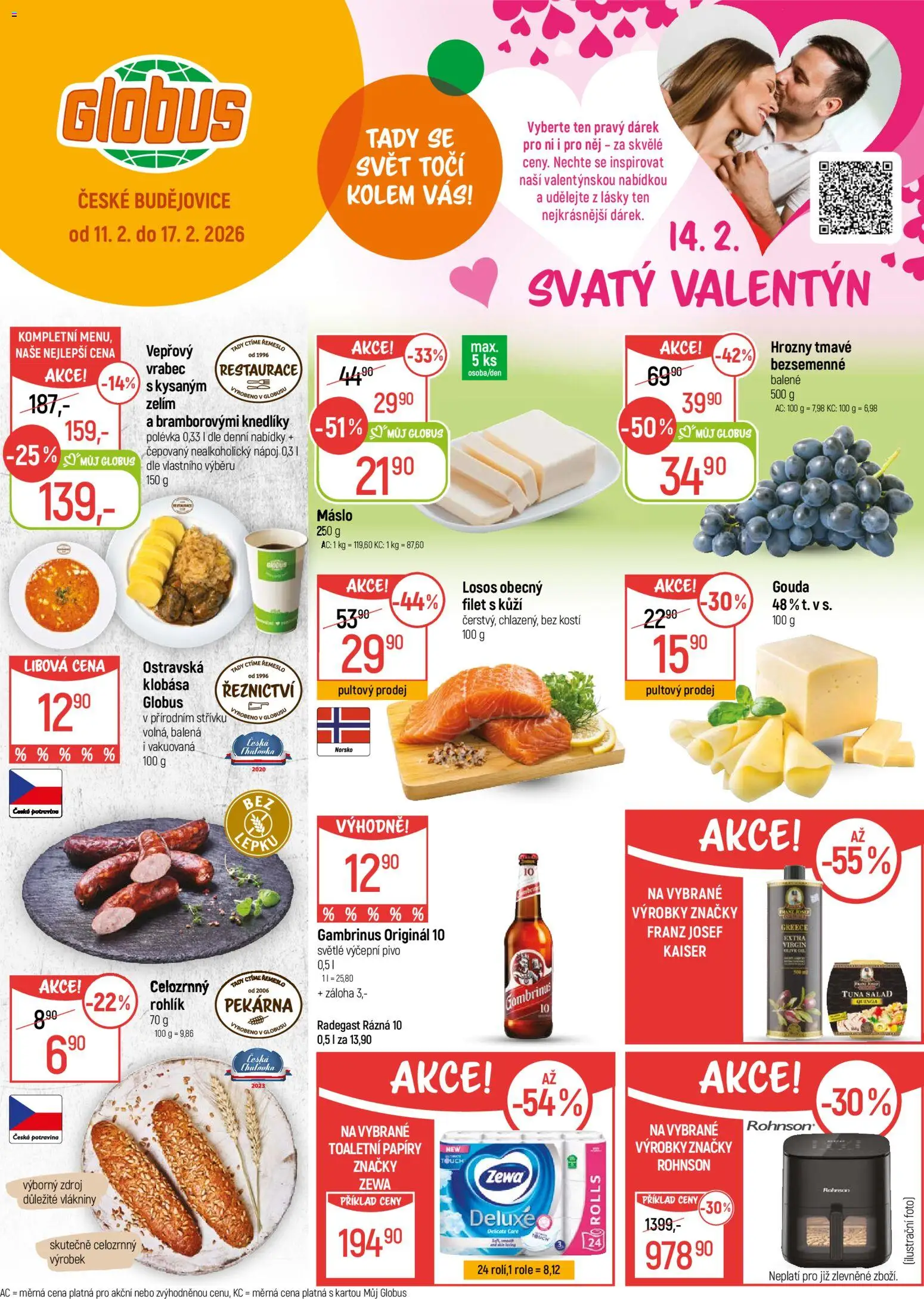 Náhled nabídky: Globus České Budějovice platný od 11.02.2026 - Rohlík, Máslo, Pekárna, Pivo, Losos, Radegast, Gambrinus, Zewa