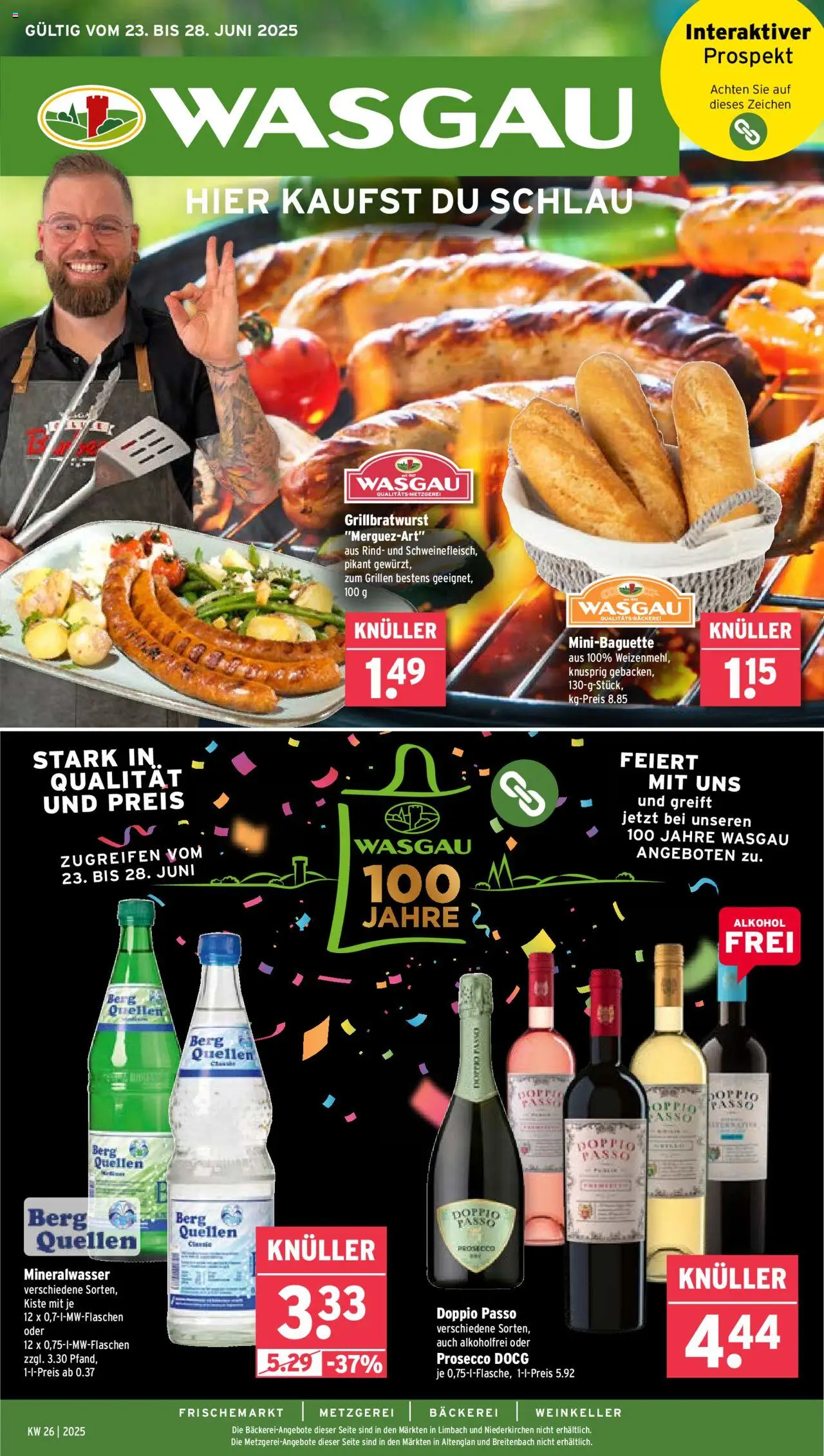 Wasgau Prospekt (vom 23.06.2025 - 28.06.2025) - Bäckerei, Mineralwasser, Alkohol, Prosecco, Doppio Passo