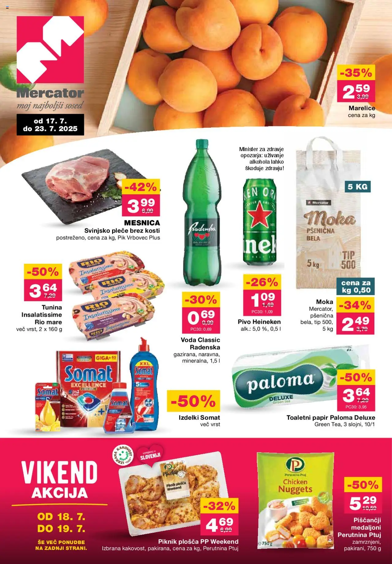 Mercator Katalog od 17.07.2025 - aktualna ponudba - stran 1 - Voda, Moka, Pivo, Heineken, Tuna, Detergent, Marelice, Toaletni papir