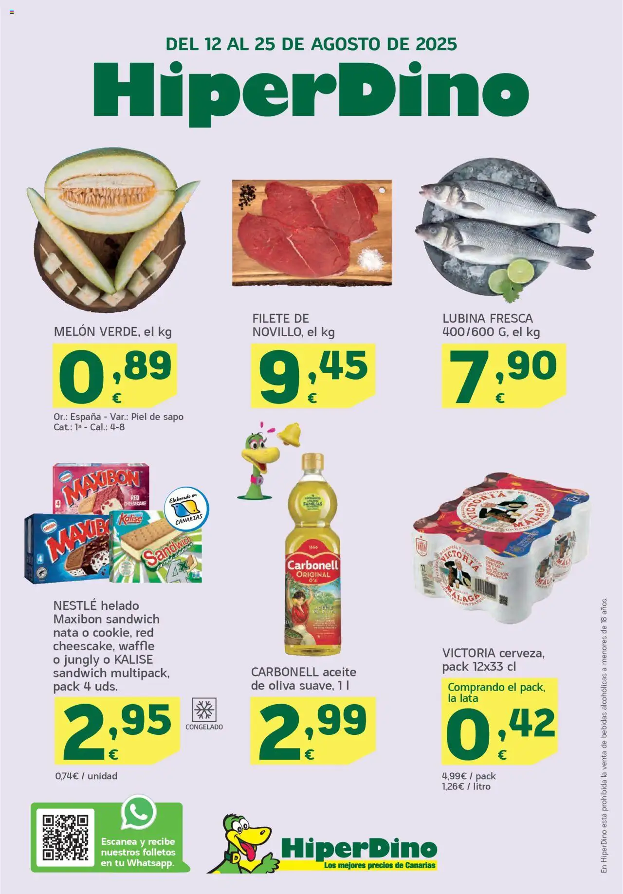 HiperDino Folleto 12/08 - 25/08/2025 Ofertas - Helado, Cerveza, Aceite, Bebidas, Nata, Melón, Filete