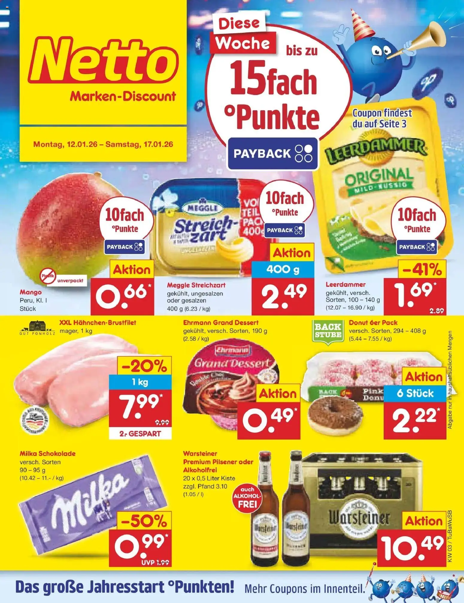 Vorschau von dem Prospekt des Geschäftes Netto Marken-Discount, gültig ab dem 12.01.2026 - Mango, Schokolade, Alkohol, Milka schokolade, Warsteiner, Milka, Leerdammer, Ehrmann grand dessert