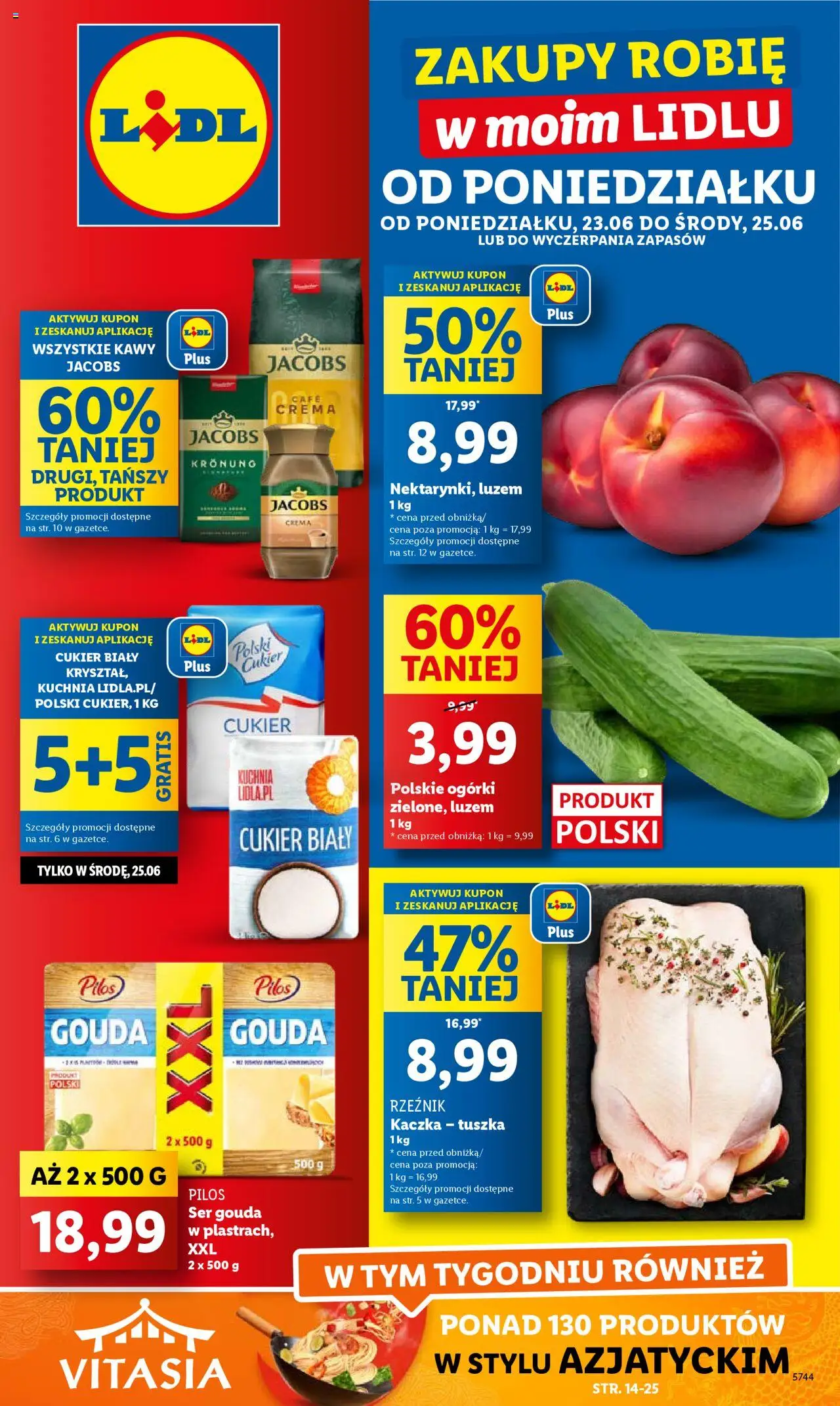 LIDL gazetka 23.06.2025 - 25.06.2025 - Najnowsza od czwartku - Numer strony 1 - Jacobs, Kaczka, Promocja, Cukier biały, Ser, Ogórki, Ser gouda, Cukier