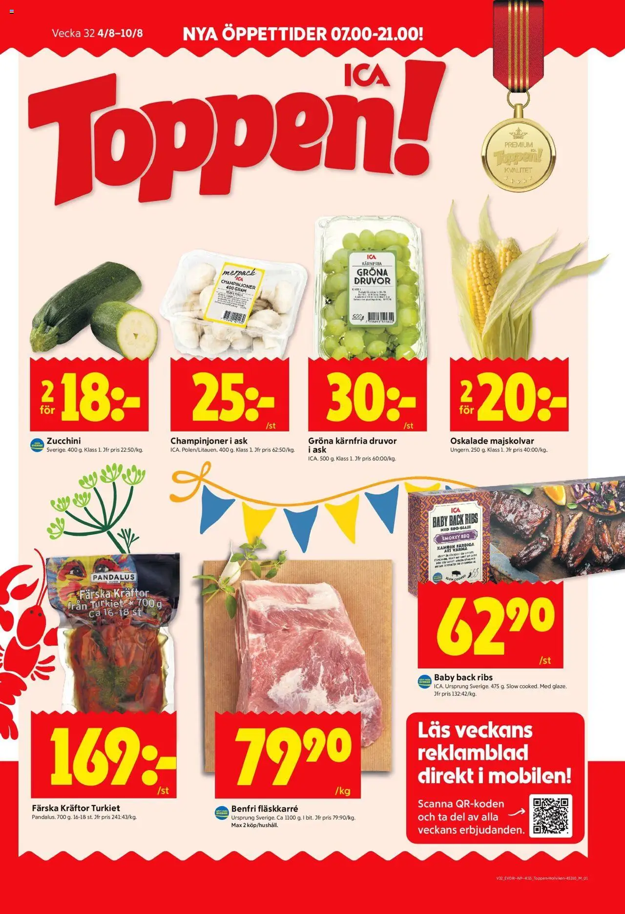 Vellinge är giltig 04/08 2025 > Veckans Erbjudanden gäller från 04/08/2025 till 10/08/2025 sidnummer 1 - Zucchini, Kräftor, Champinjoner, Fläskkarré
