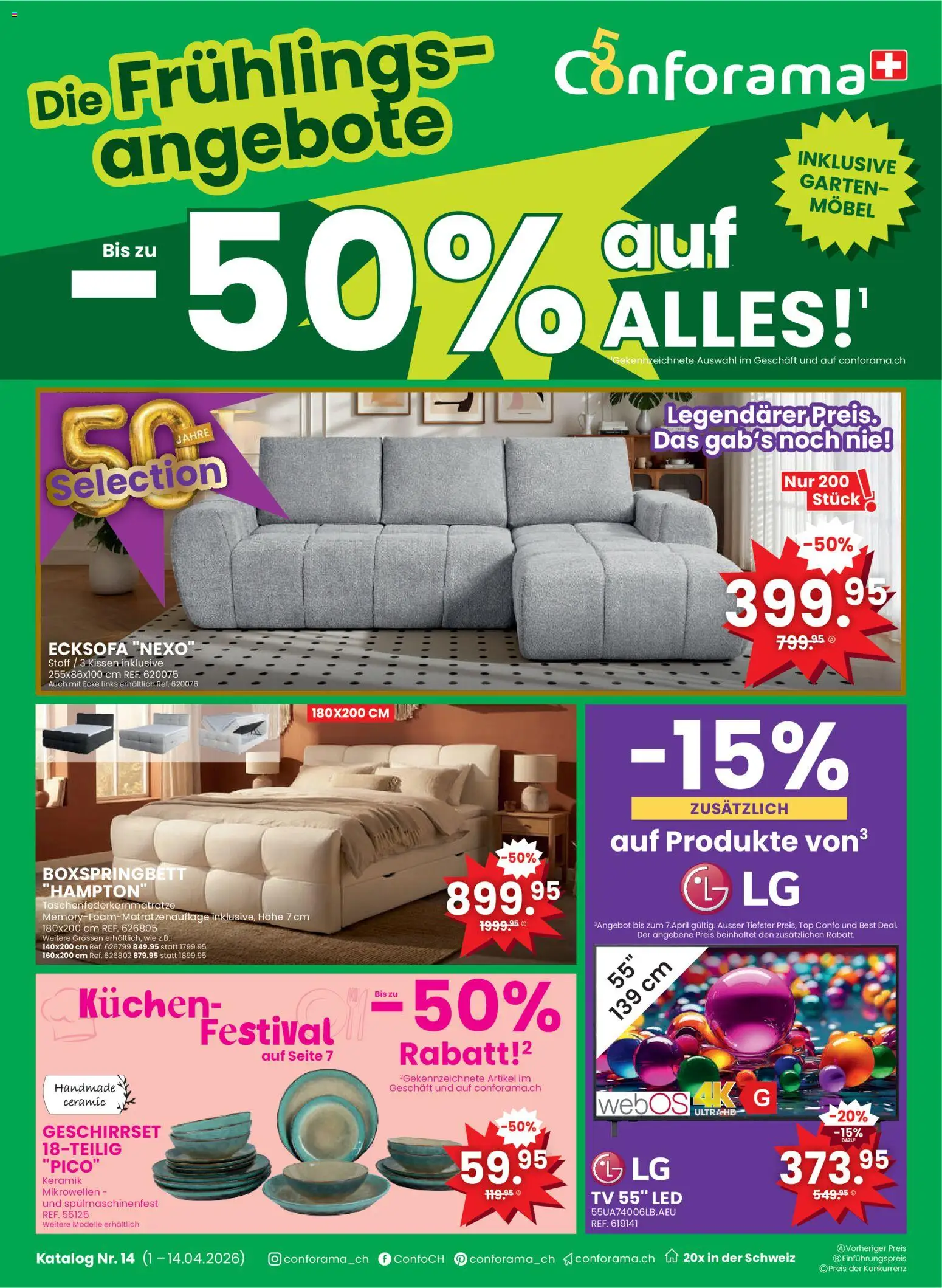 Vorschau des Merkblatts Conforama aktionen Primavera vom Shop Conforama gültig von 01.04.2026 bis 14.04.2026 - TV, Boxspringbett, Ecksofa, Top, Kissen, LG