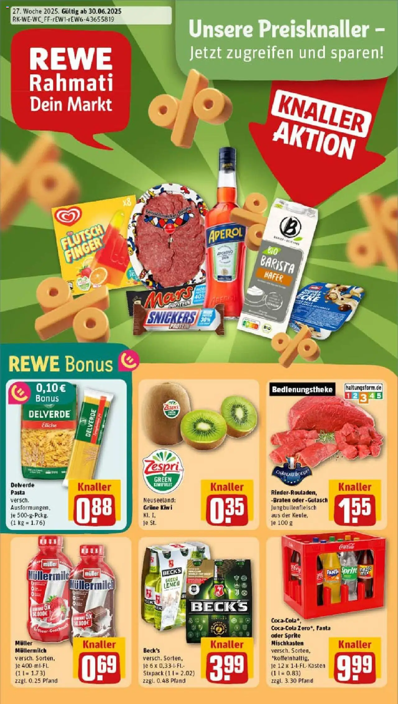REWE Prospekt ab 29.06.2025 nächste Woche - Prospekt Bergisch Gladbach / Refrath - Pasta, Aperol, Kiwi, Snickers, Fanta, Müllermilch, Sprite, Muller mullermilch