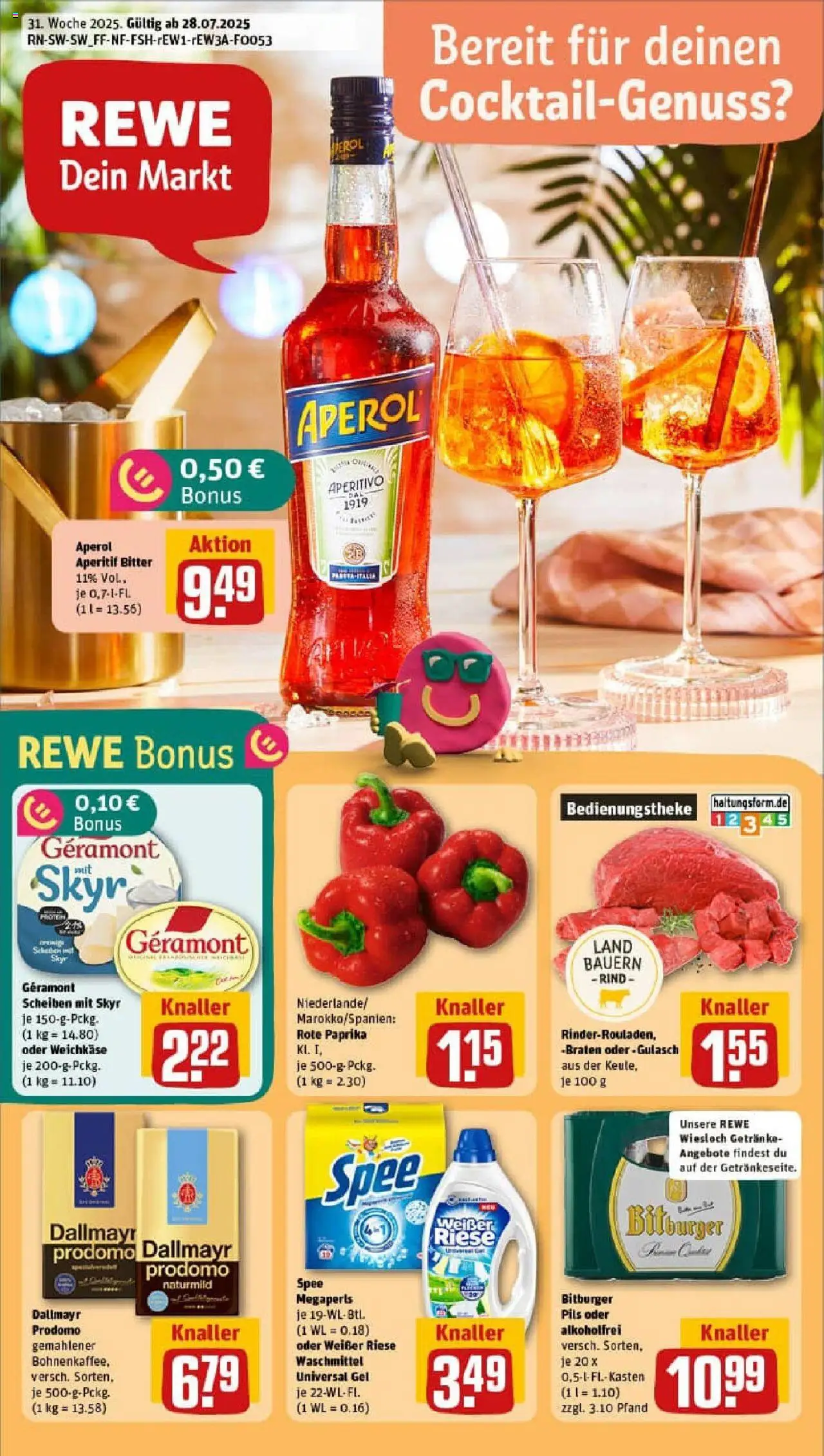 REWE Prospekt ab 27.07.2025 nächste Woche - Prospekt Wiesloch - Spee, Skyr, Dallmayr, Waschmittel, Bitburger, Dallmayr prodomo, Pils, Rote Paprika