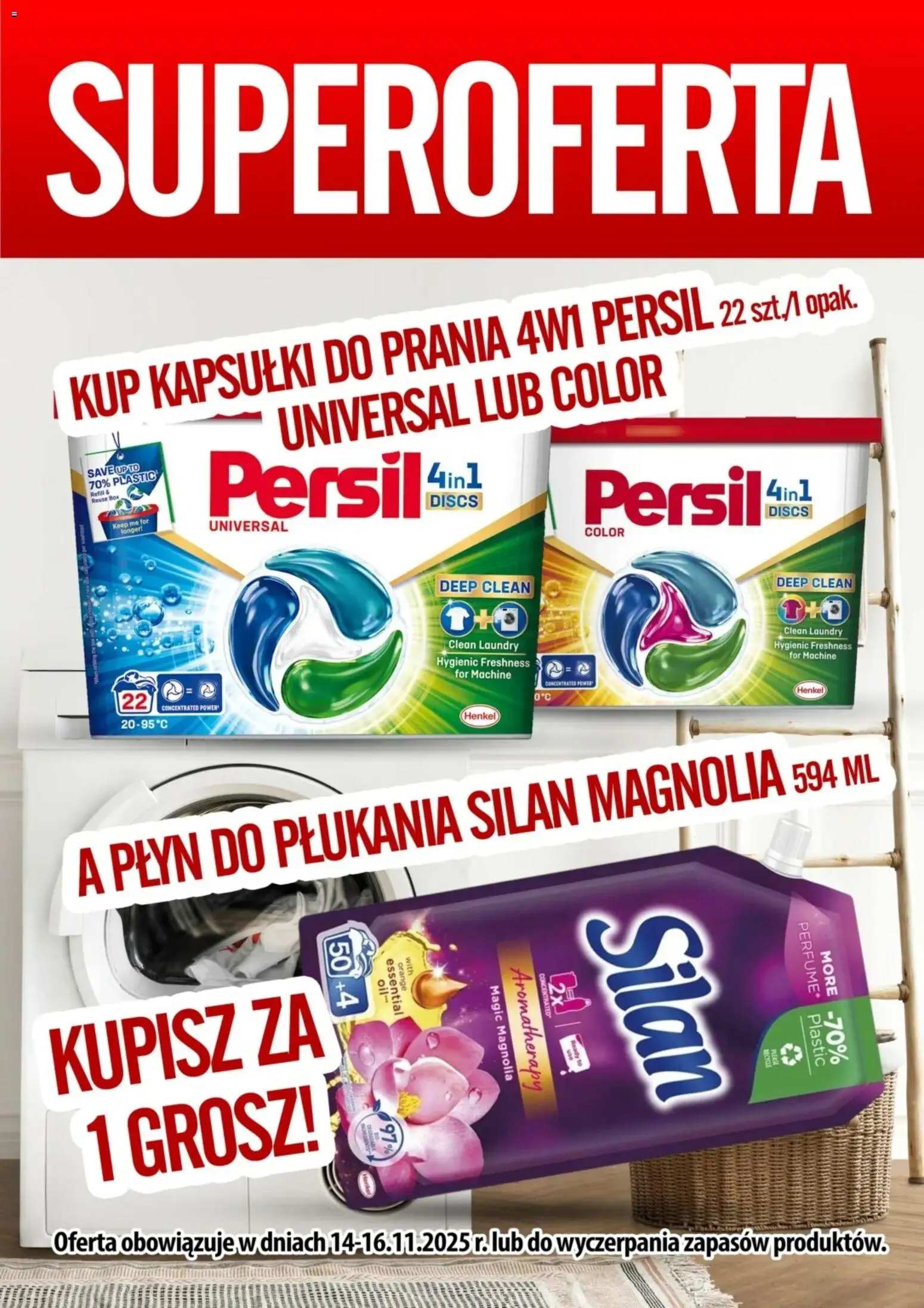 Pogląd gazetki "Promocja - Kup Kapsułki Do Prania Persil A Płyn Do Płukania Silan Kupisz Za 1 Grosz" ze sklepu Prim Market ważnej od 14.11.2025 - Kapsułki do prania, Płyn do płukania, Persil, Kapsułki