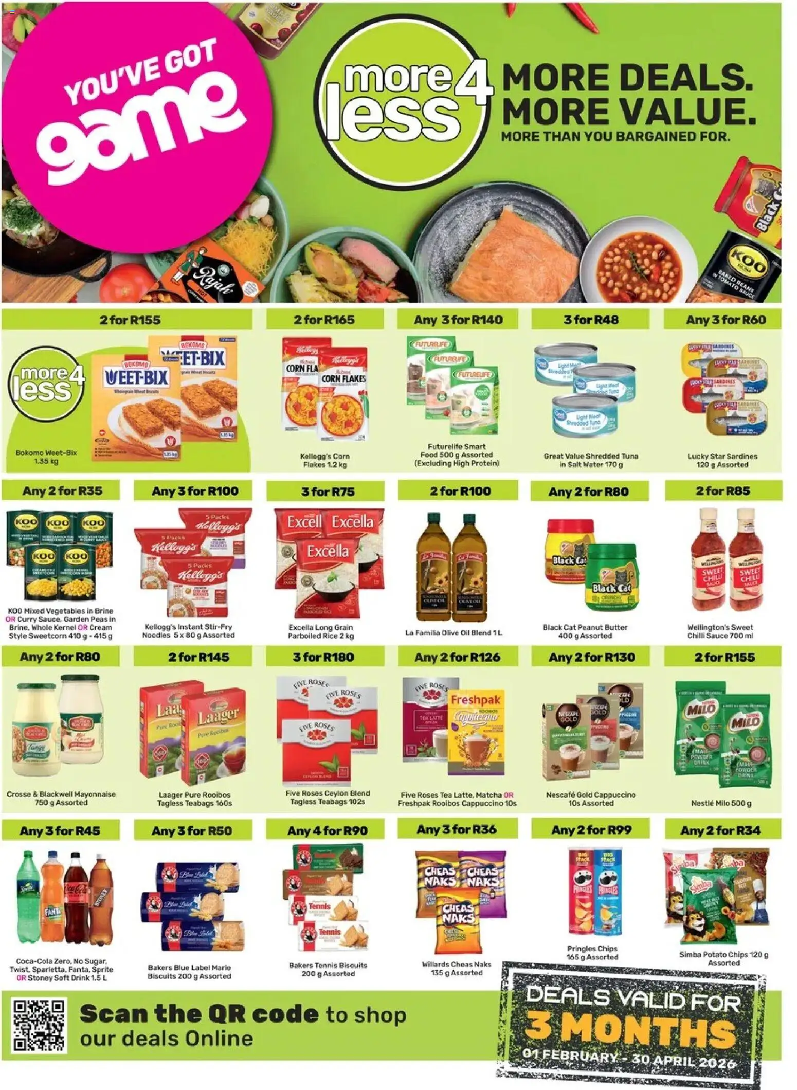 Preview of Game Catalogue More 4 Less valid 01/02/2026 - Game, Vegetables, Tea, Cream, Butter, Peanut butter, Tuna, Chilli