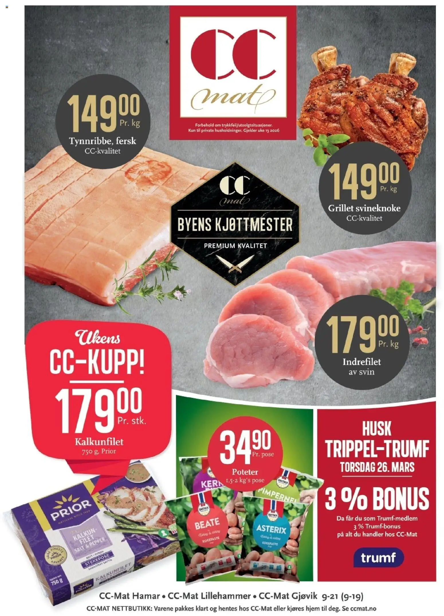 Forhåndsvis CC Mat kundeavis fra butikk CC Mat gyldig fra 23/03/2026 - Husk, Svin, Svineknoke, Poteter, Indrefilet, Salt, Kalkunfilet, Kalkun