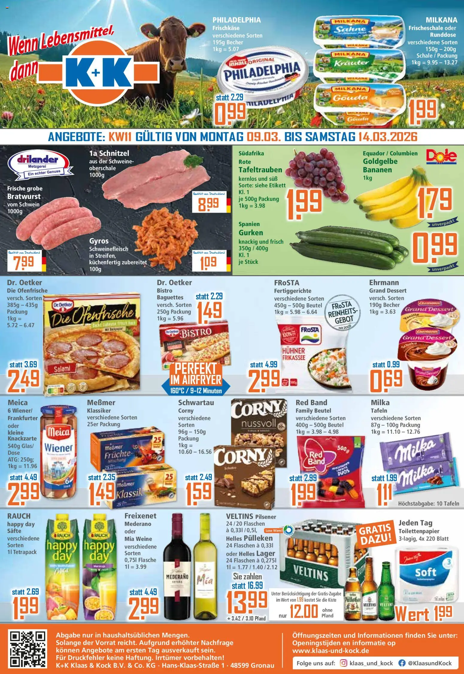 Vorschau von dem Prospekt des Geschäftes Klaas & Kock, gültig ab dem 09.03.2026 - Schnitzel, Philadelphia, Milka, Gurken, Freixenet, Fertiggerichte, Meica, Helles pulleken